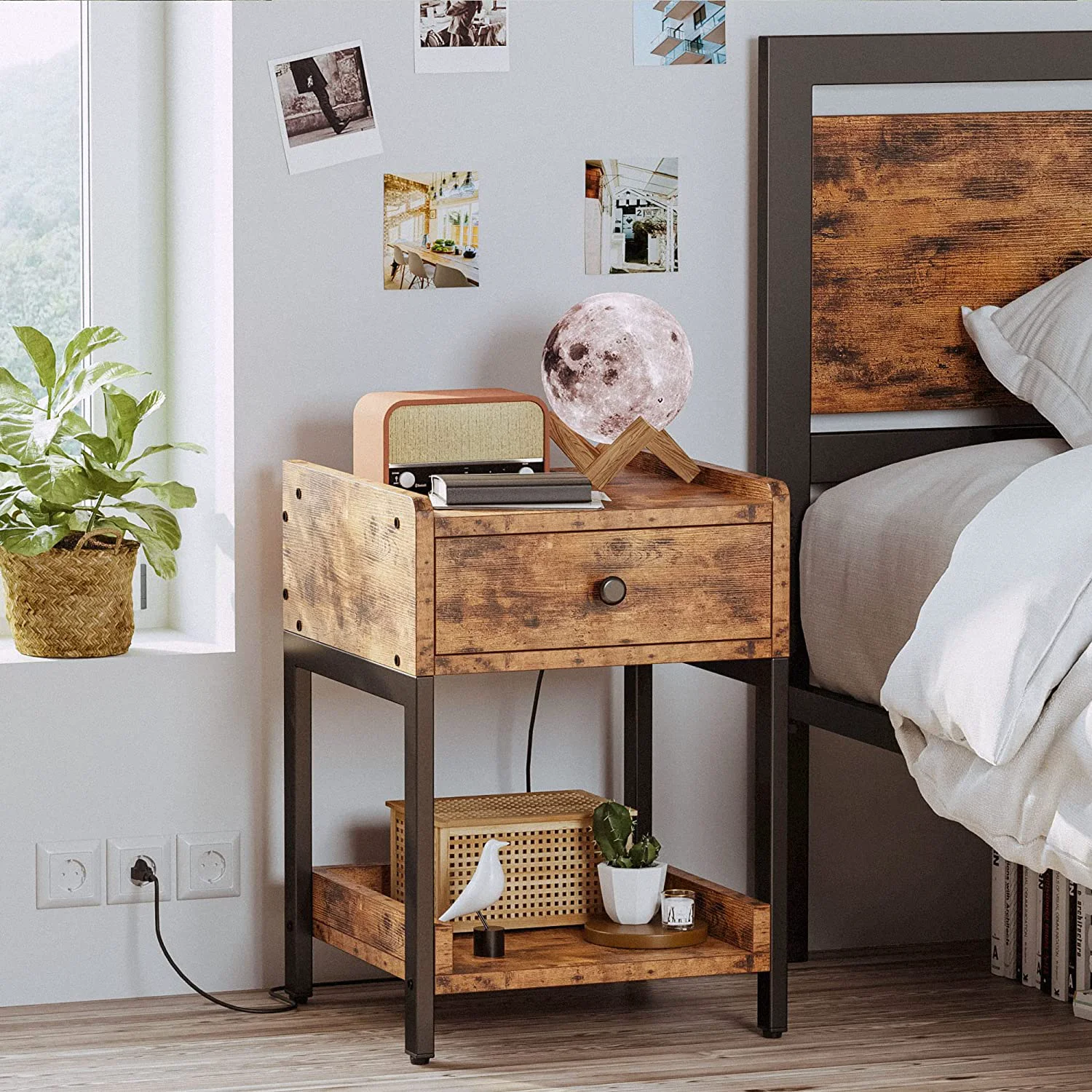 High-Performance Nightstand Bedside Table with Charging Station Small End Table with Storage Drawer and Shelf Vintage BrownNightstand Bedside Table with Charging Station Small End Table with Storage Drawer and Shelf Vintage Brown Breathable