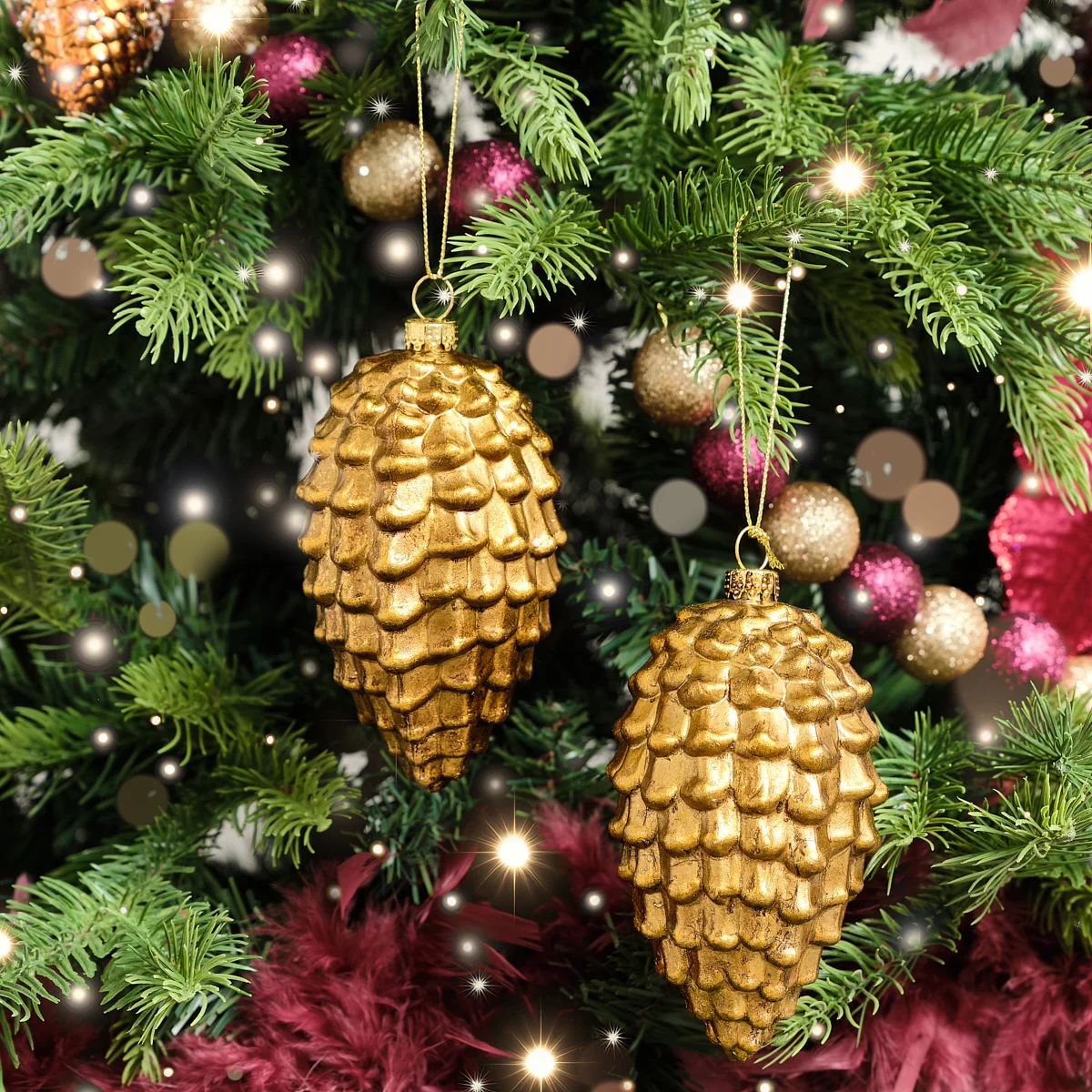 Crafted Set of 2 Gold Glitter Pine Cone Hanging Decoration 12cm Premium Material