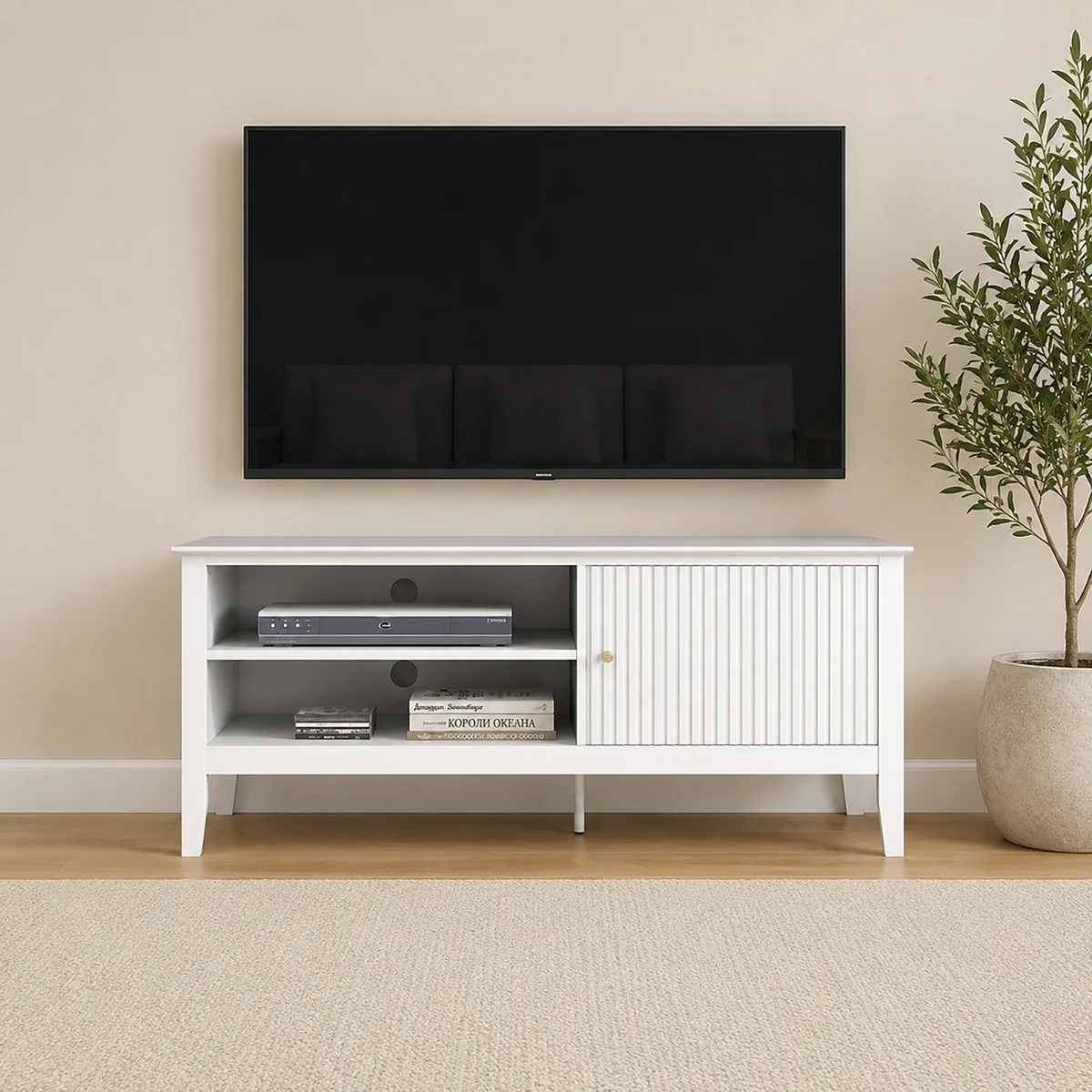 Stylish Large White Wooden Fluted TV Cabinet Media Storage Unit – 120cm x 50cm 47 TV’s – Hales White Range Refined