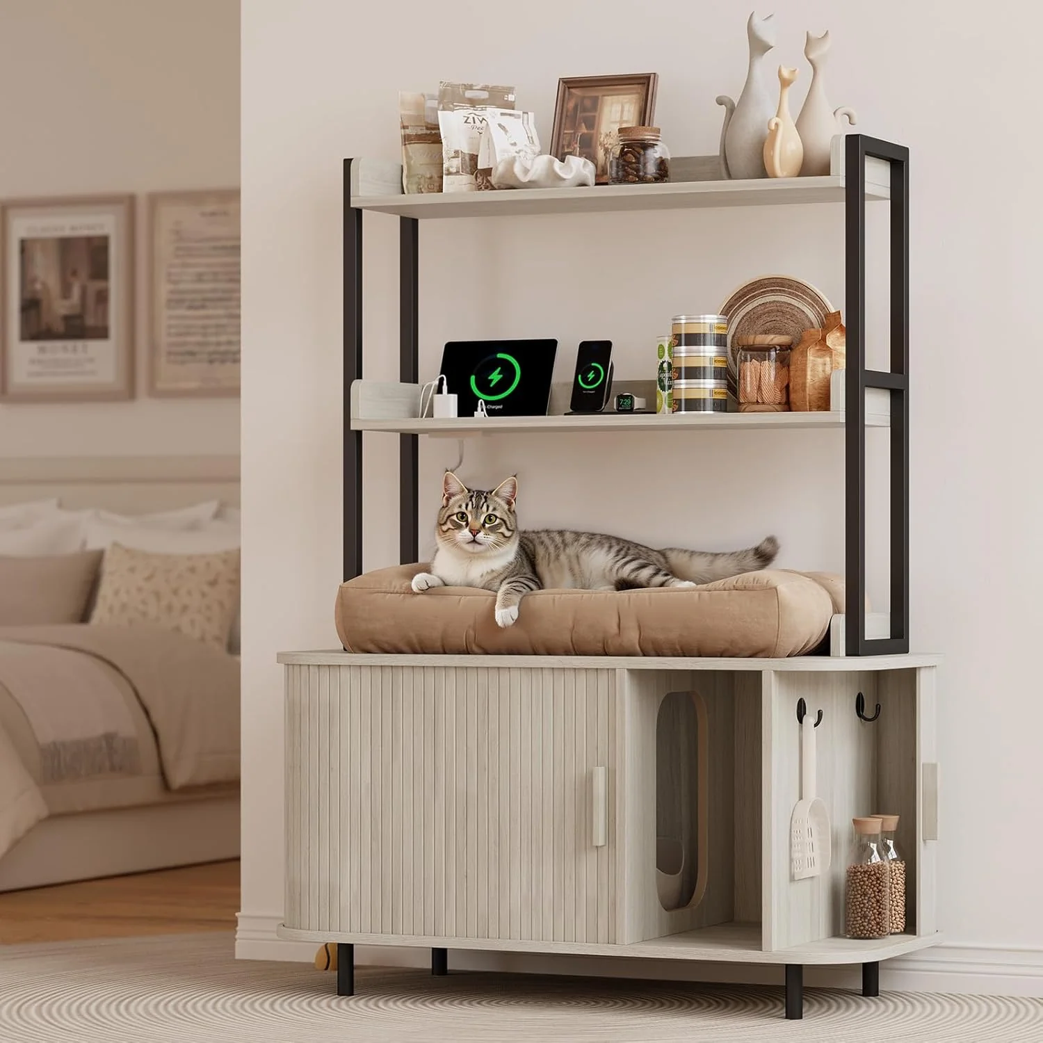 Reusable 54 Inch Hidden Cat Litter Box Furniture with Shelves Sliding Tambour Door and Power Outlets54 Inch Hidden Cat Litter Box Furniture with Shelves Sliding Tambour Door and Power Outlets Artisan