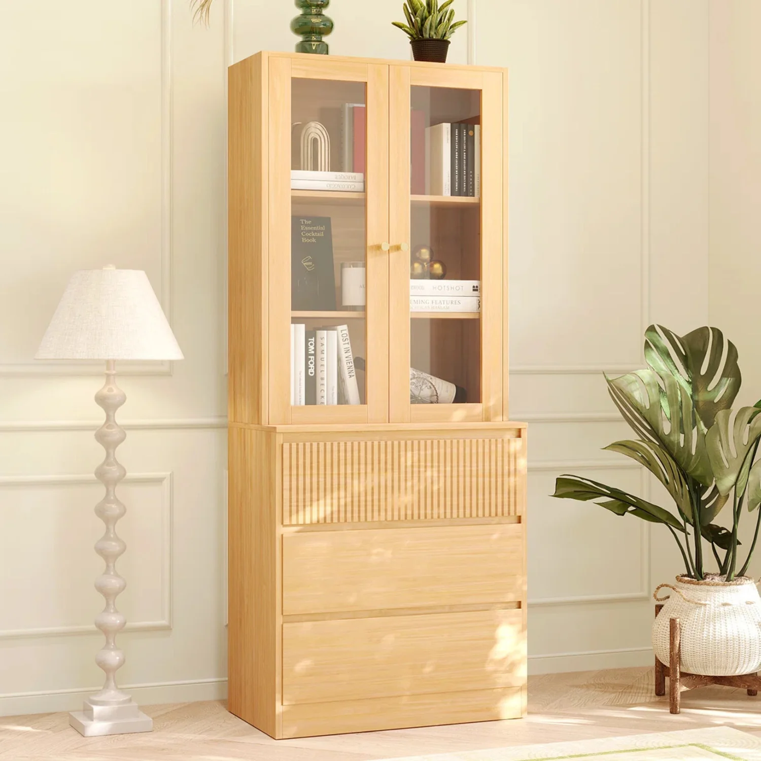 Soft 71 Tall Bookshelf Bookcase Display Cabinet with Glass Doors and 3 Drawers71 Tall Bookshelf Bookcase Display Cabinet with Glass Doors and 3 Drawers Comfortable
