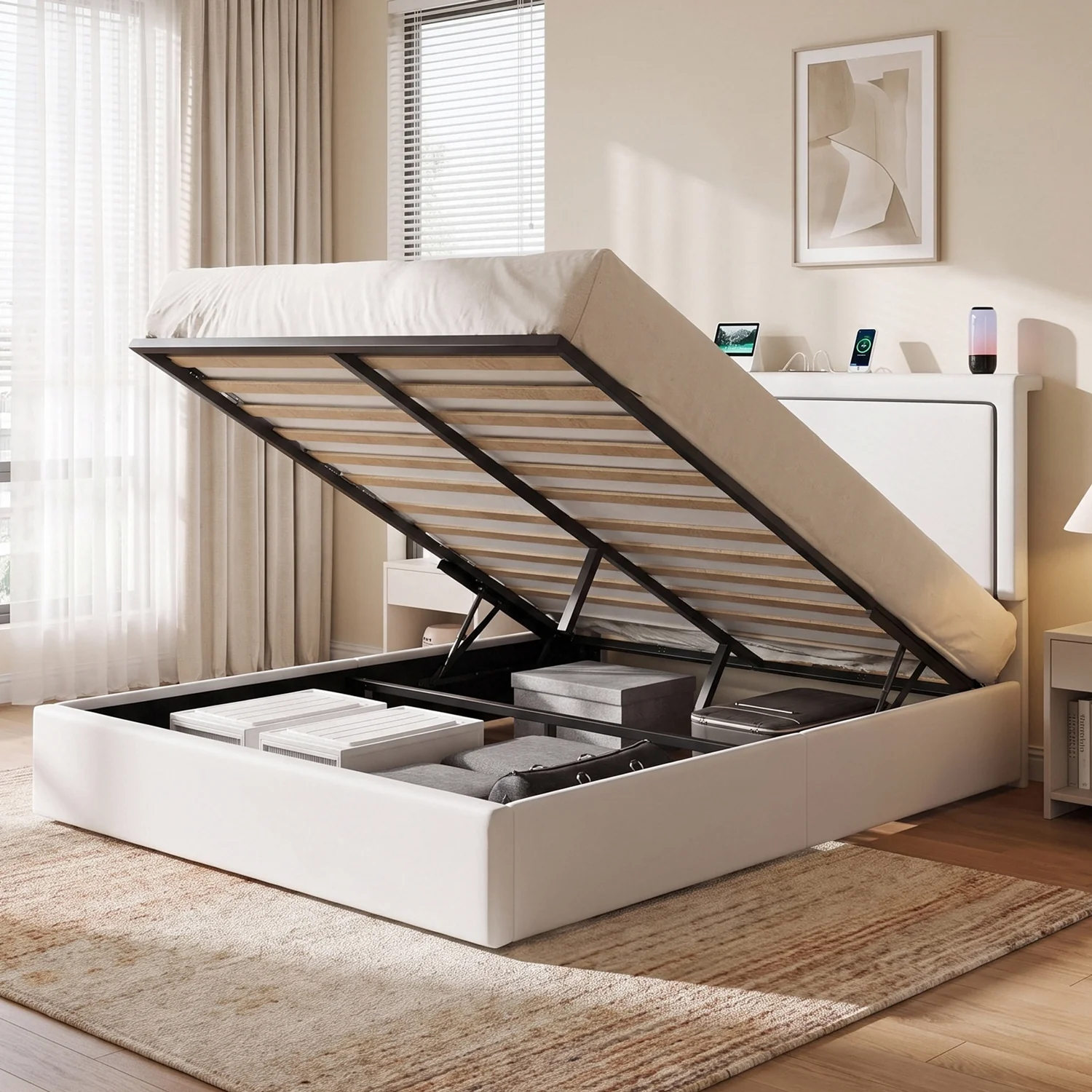Verified Lift Up Storage Bed Frame with LED Lights Charging Station Velvet Upholstered Platform Bed with Adjustable HeadboardLift Up Storage Bed Frame with LED Lights Charging Station Velvet Upholstered Platform Bed with Adjustable Headboard Lightweight
