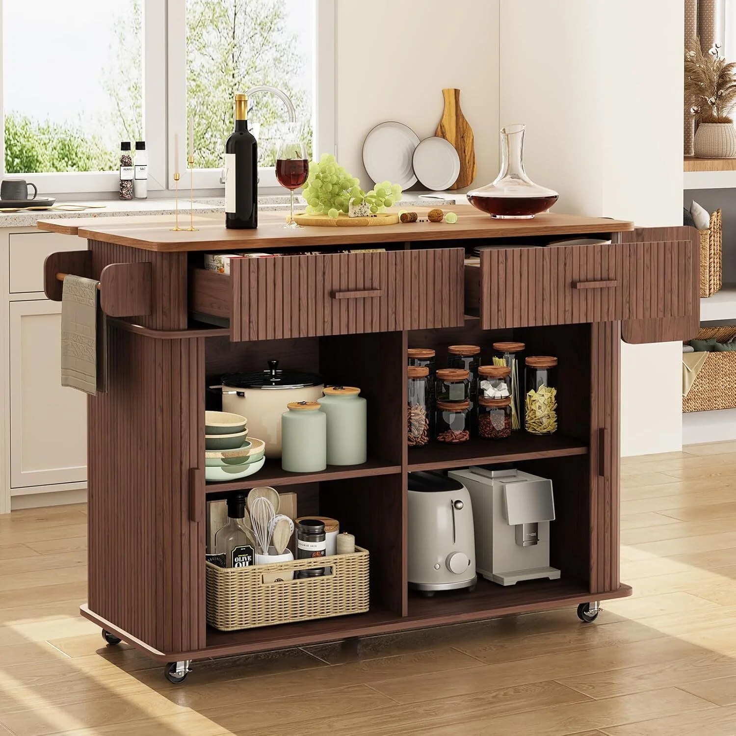 Detailed 56 Rolling Kitchen Island Cart with Drop Leaf Kitchen Island on Wheels with Drawers Sliding Doors Adjustable Shelves56 Rolling Kitchen Island Cart with Drop Leaf Kitchen Island on Wheels with Drawers Sliding Doors Adjustable Shelves Artisan