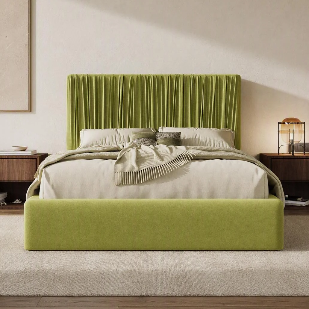Versatile Velvet Upholstered Floor Platform Bed Frame with Adjustable Vertical Pleated Headboard Modern Low Profile DesignVelvet Upholstered Floor Platform Bed Frame with Adjustable Vertical Pleated Headboard Modern Low Profile Design Fine Crafted