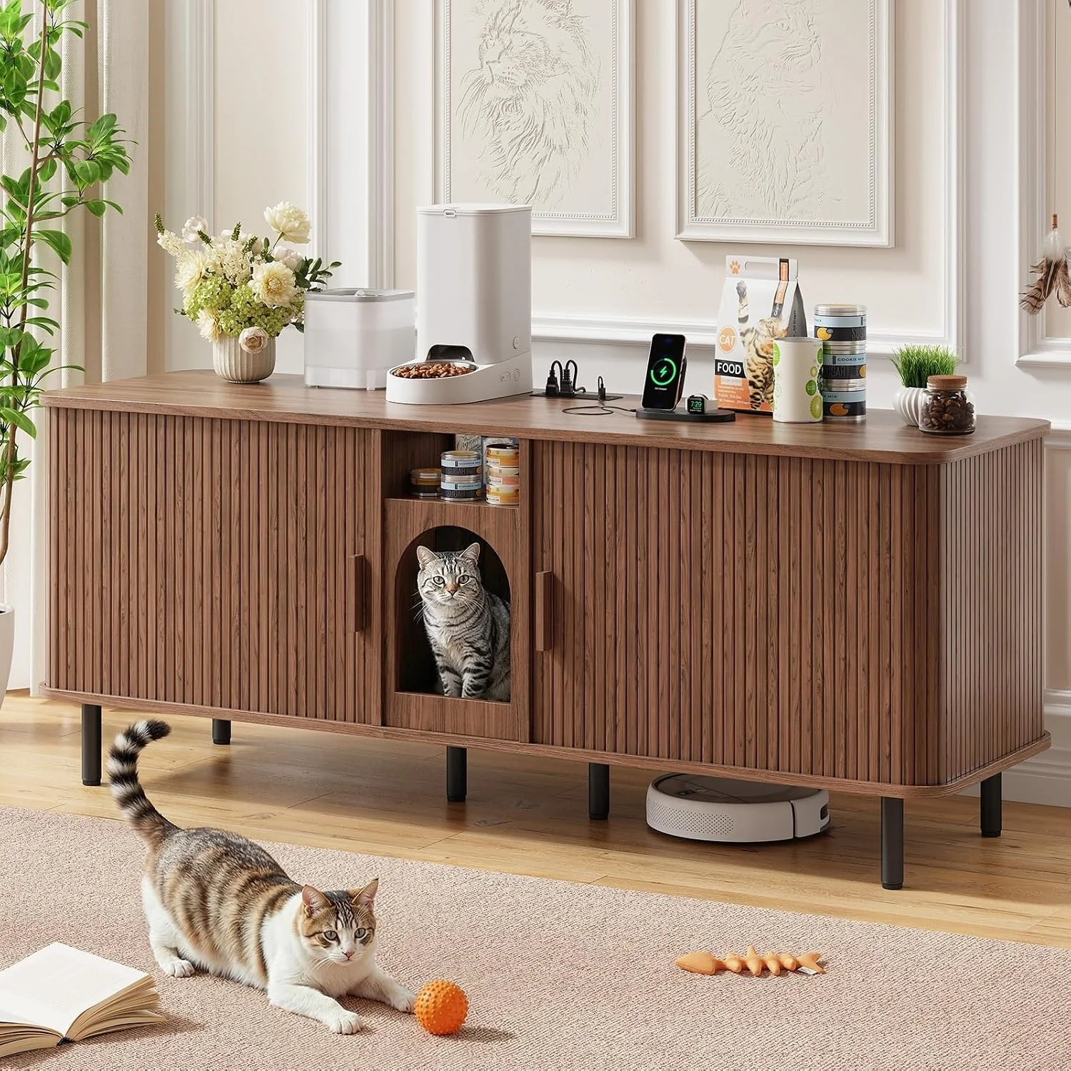 Specialty Cat Litter Box Enclosure for 2 Cats Hidden Litter Box Furniture with Double Room Power OutletsCat Litter Box Enclosure for 2 Cats Hidden Litter Box Furniture with Double Room Power Outlets Superior