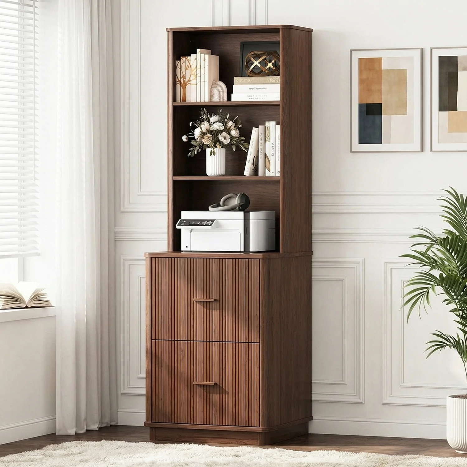 Powerful 71 Tall Bookcase with File Cabinet Drawers Fluted Storage Cabinet with Open Shelves for Home Office and Living Room71 Tall Bookcase with File Cabinet Drawers Fluted Storage Cabinet with Open Shelves for Home Office and Living Room High-Performance