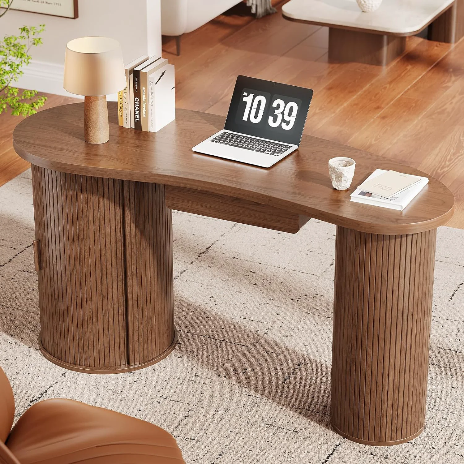 Selected 59 Inches Office Desk with Storage Bean-Shaped Computer Desk with Drawer and Sliding Door59 Inches Office Desk with Storage Bean-Shaped Computer Desk with Drawer and Sliding Door Top-Quality