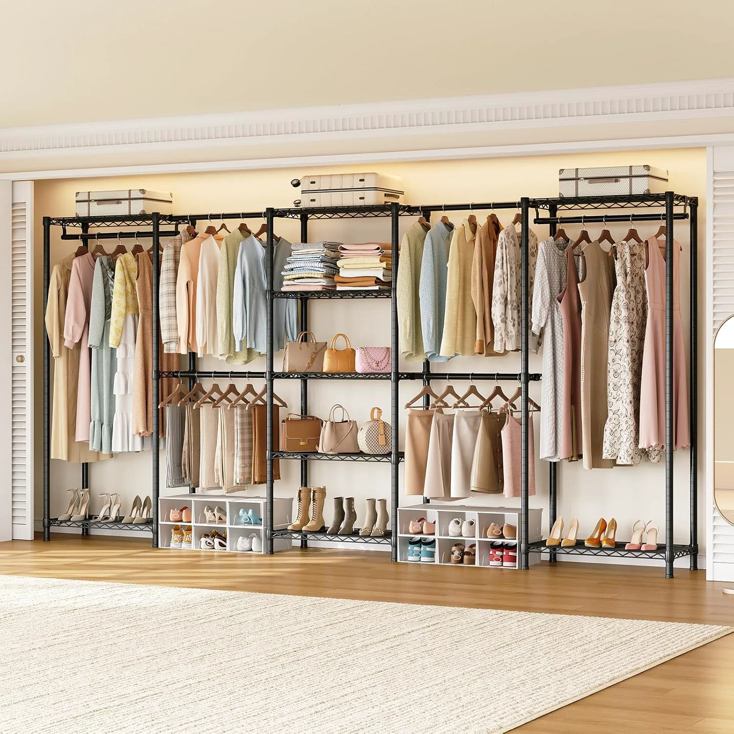 Relaxed Heavy Duty Clothes Rack standing Metal Closet Organizer System with 4 Telescopic Rods 2 Fixing Rods 9 Wire ShelvesHeavy Duty Clothes Rack standing Metal Closet Organizer System with 4 Telescopic Rods 2 Fixing Rods 9 Wire Shelves Certified