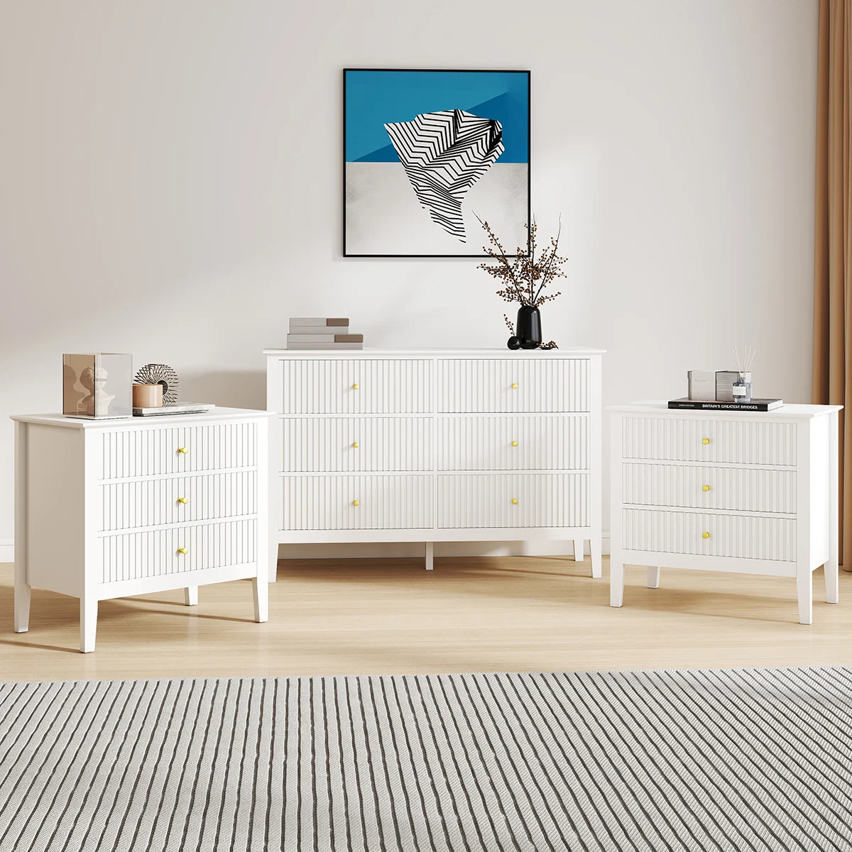 Relaxed Large 6 Drawer Chest Of Drawers and Pair Of Large Bedside Tables – Hales White Range Solid