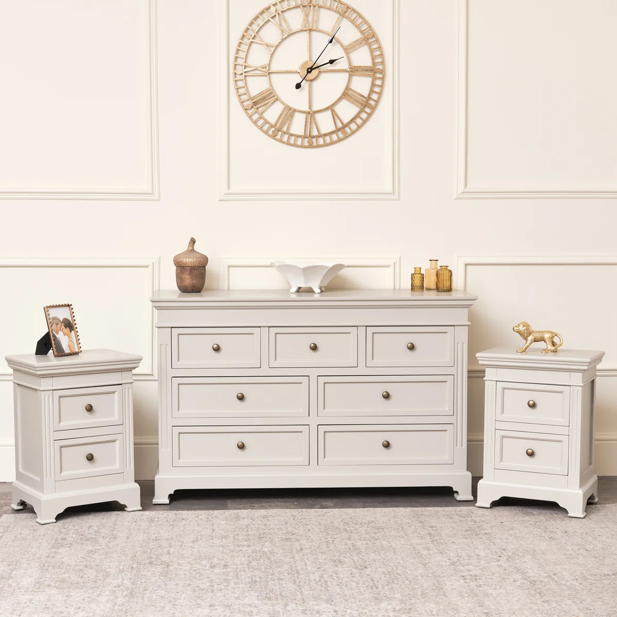 Practical Large Taupe-Grey 7 Drawer Chest of Drawers Pair of Bedside Tables – Daventry Taupe-Grey Range Safe