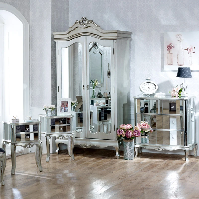 Organic Bedroom Furniture Set Mirrored Double Wardrobe Chest of Drawers and Pair of Bedside Chests – Tiffany Range Artisan