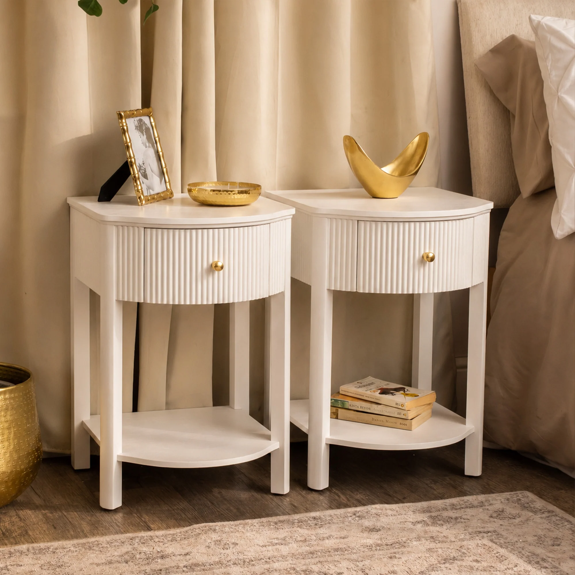 Reliable Pair of Reeded One Drawer Bedside Tables – Willow White Range High-Grade