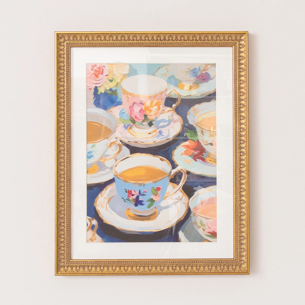 Clean Textured Watercolour Teacups Wall Art Print with A Gold Frame – 40cm x 50cm Practical