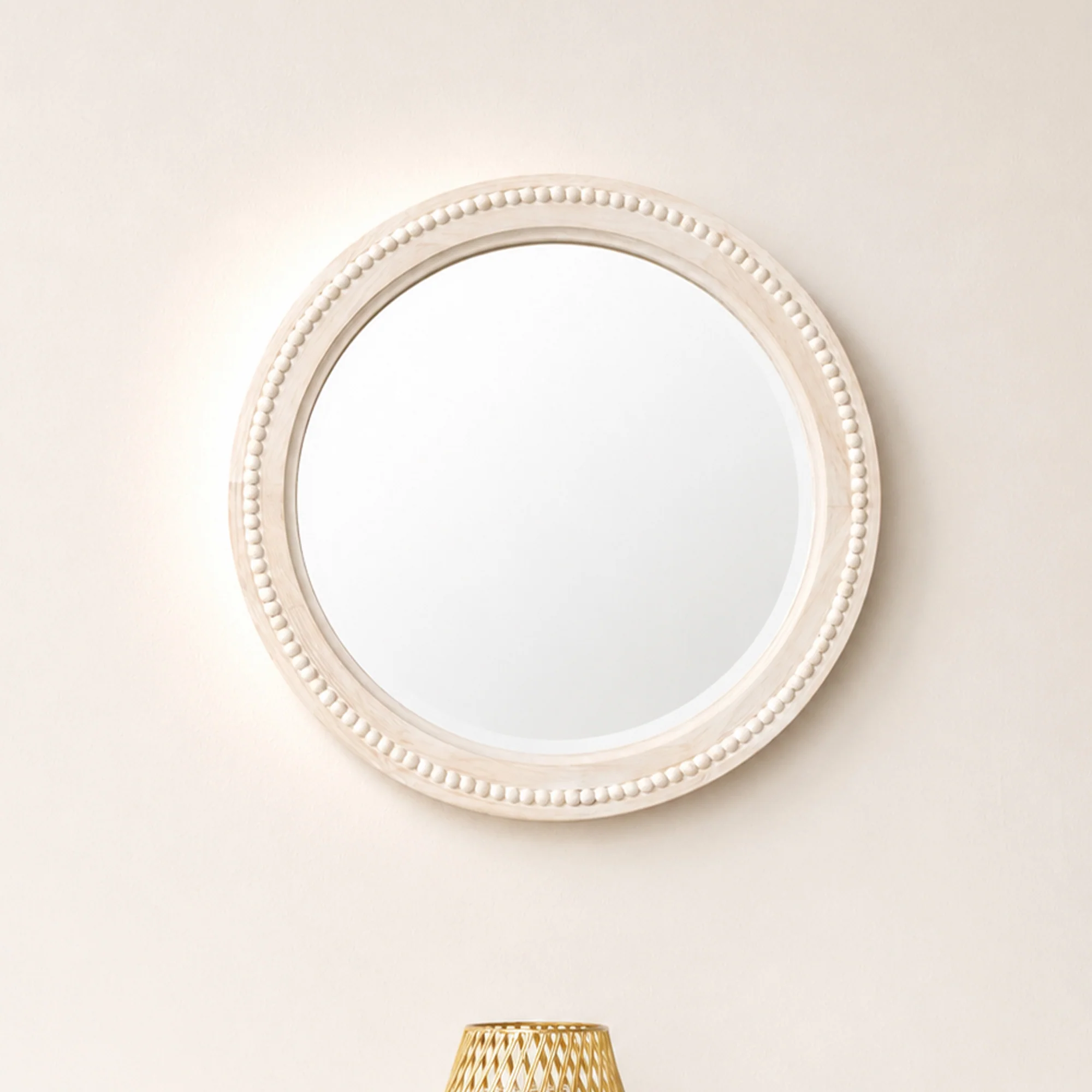 Fine Round Distressed White Washed Wooden Bobbin Detailed Wall Mirror – 50cm x 50cm High-Grade