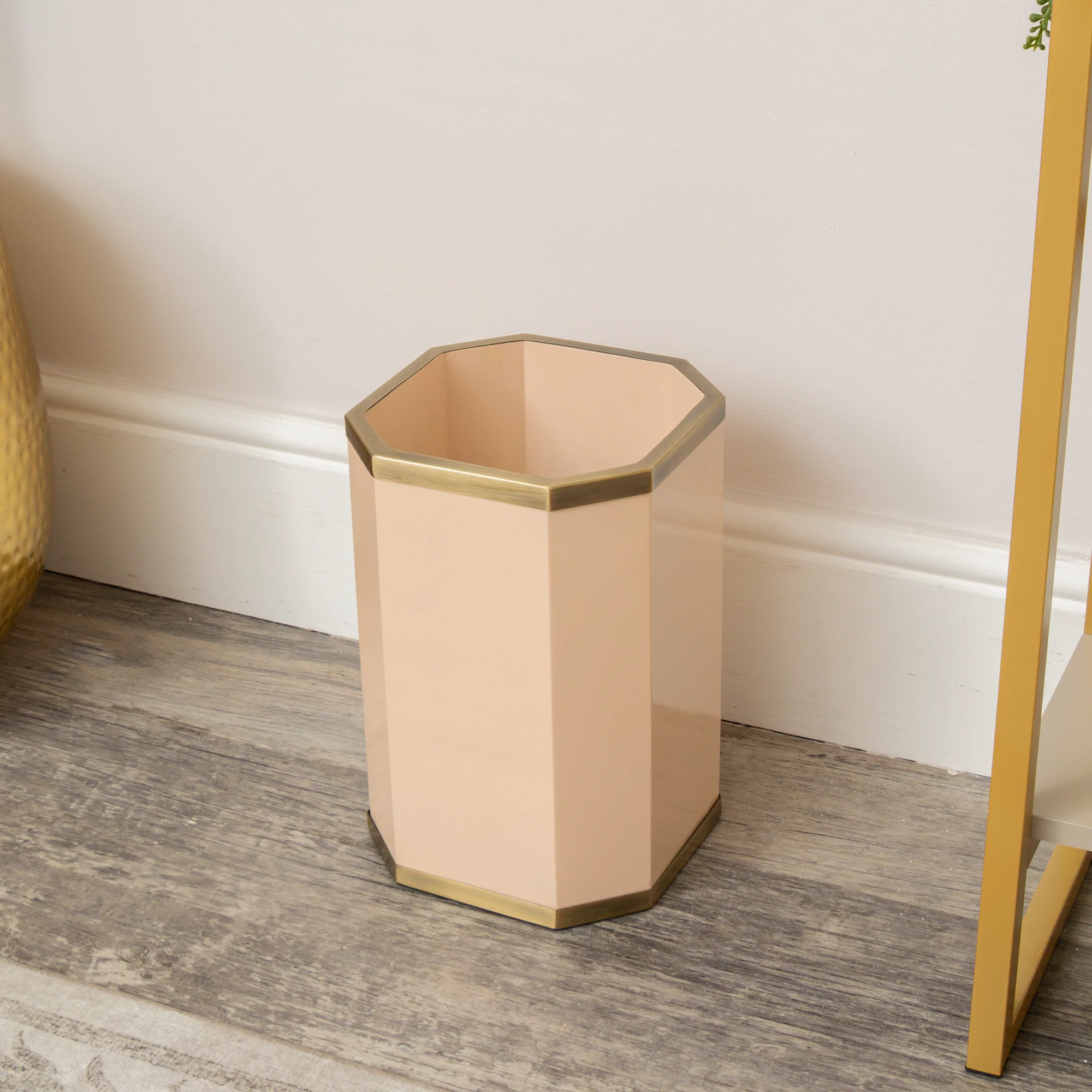 Unique Hexagonal Pale Peach Gold Edge Wooden Waste Paper Bin Consistent