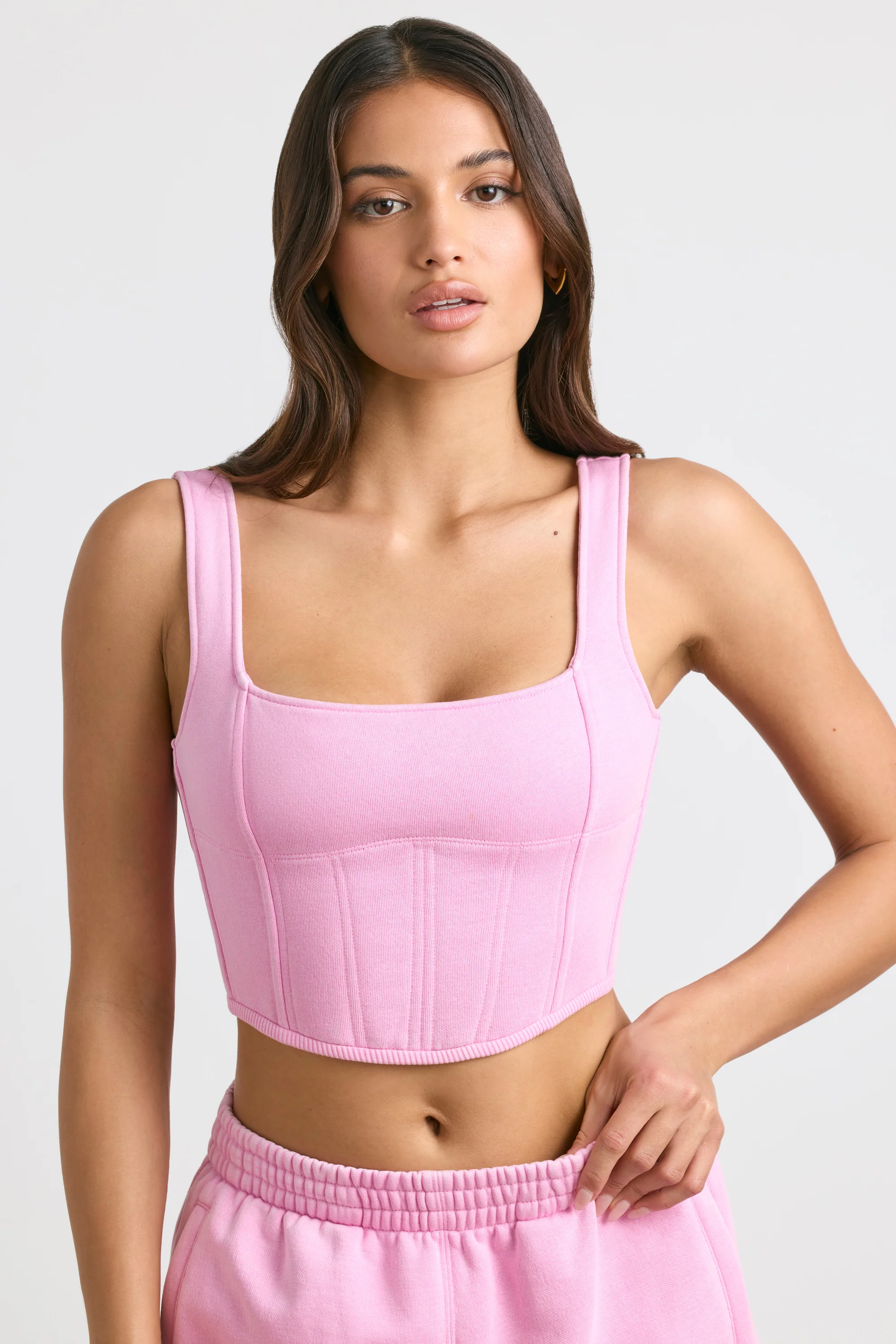 Flexible Brushed Jersey Corset Crop Top in Bubblegum Pink Casual