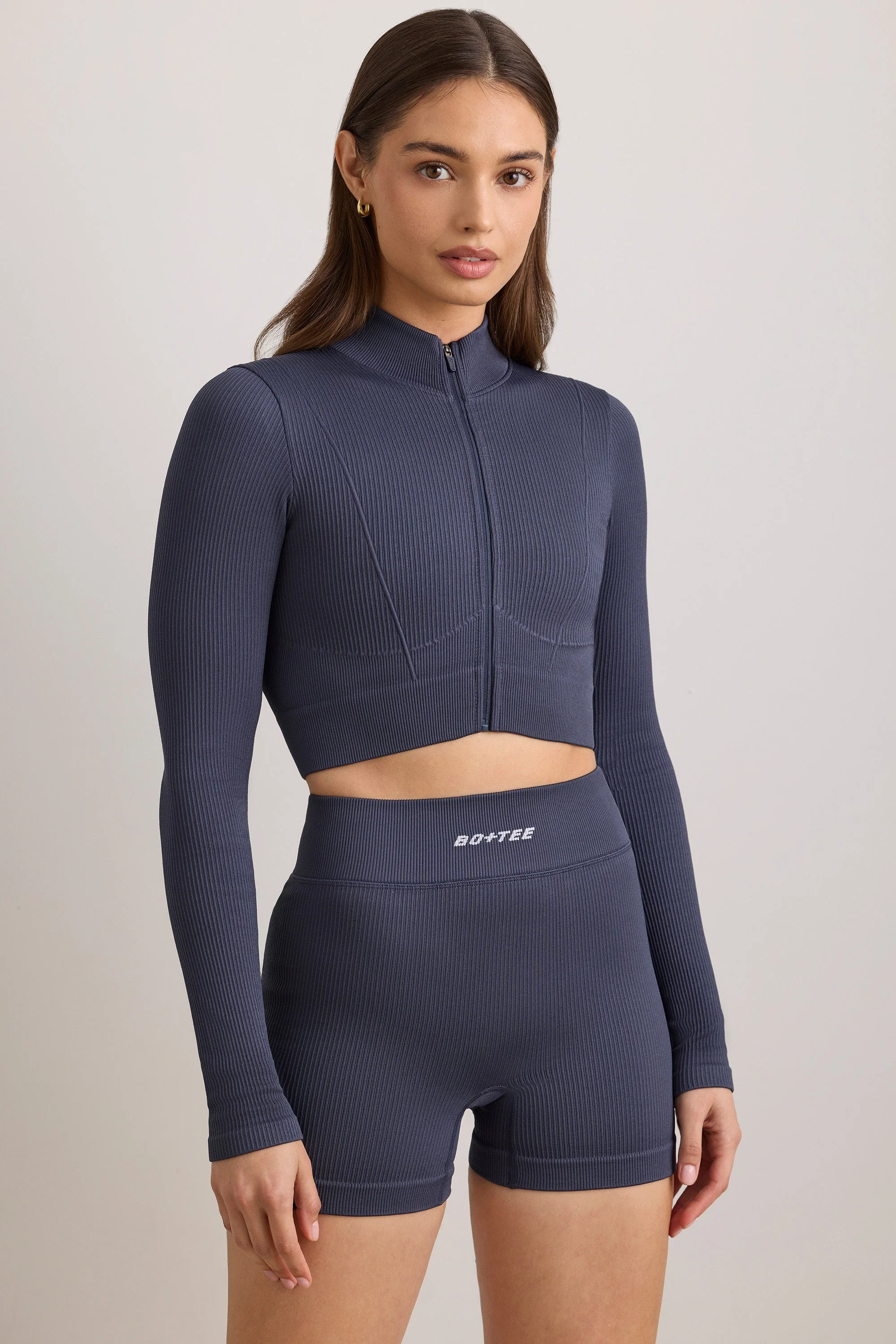 Elite FlexiRib Zip-Up Cropped Jacket in Indigo Slate Sophisticated