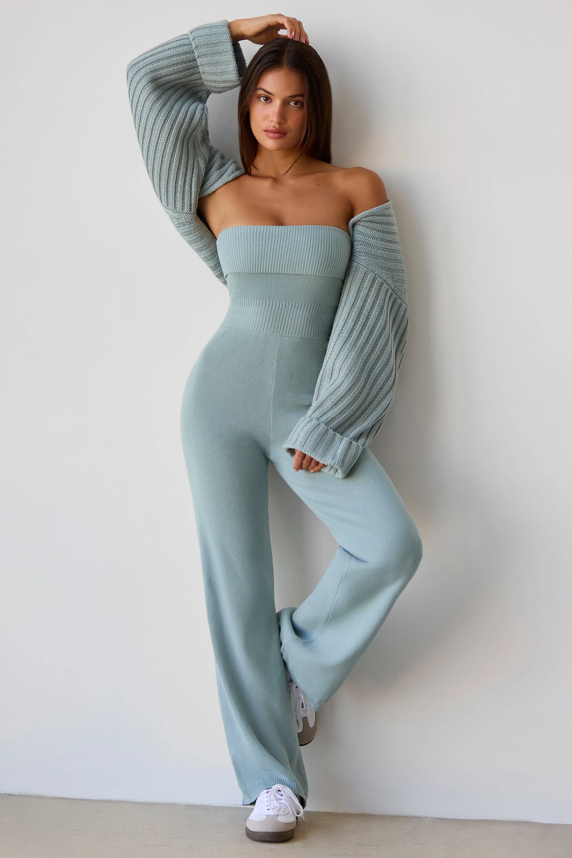 Elegant Chunky Knit Bandeau Kick Flare Jumpsuit in Dusty Teal Healthy