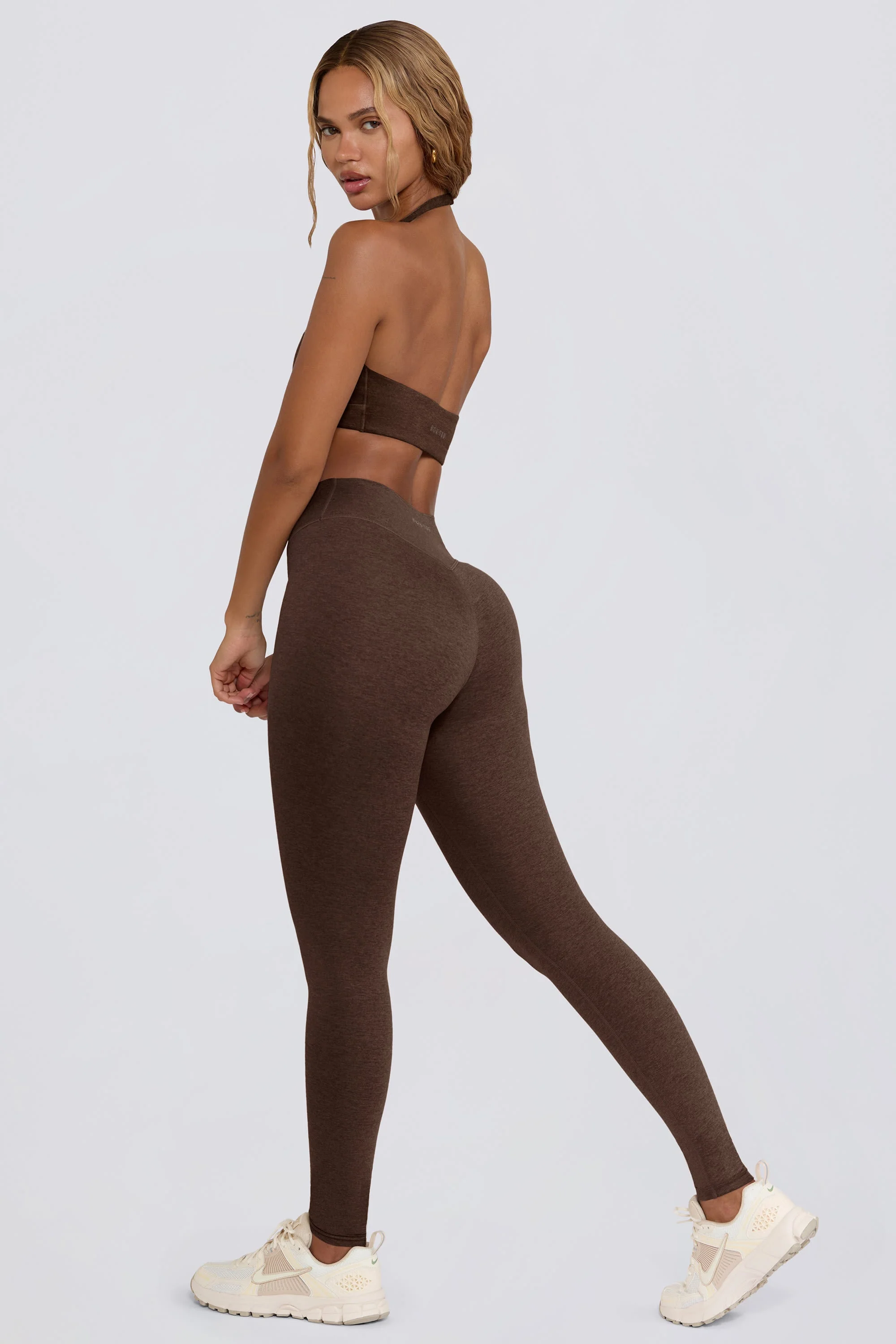 High-Grade Brushed Jersey Ruched Mid-Rise Leggings in Pecan Marl Next-Generation