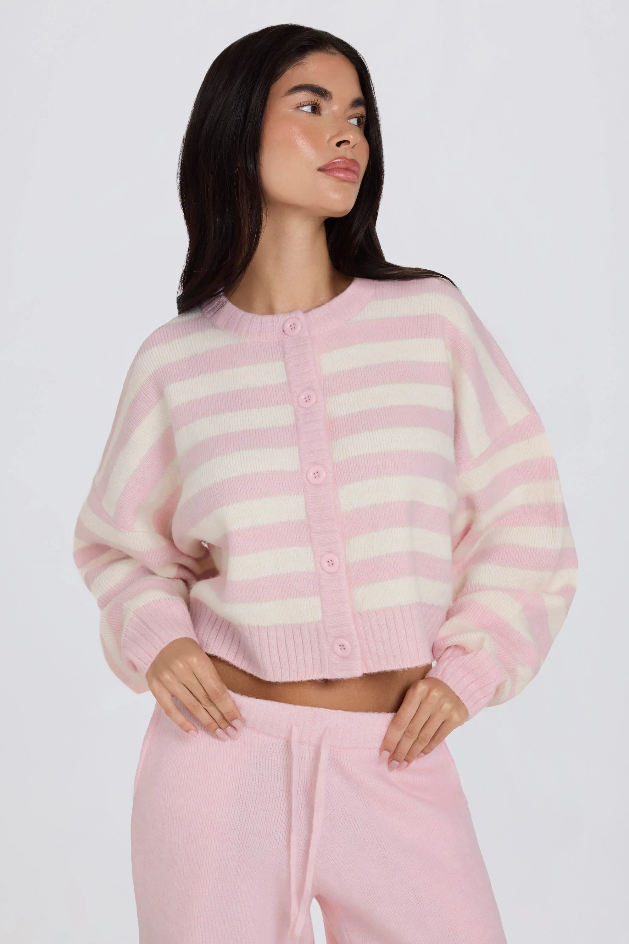 Trendy Soft Knit Stripe Cropped Cardigan in Pink Stripe Relaxed
