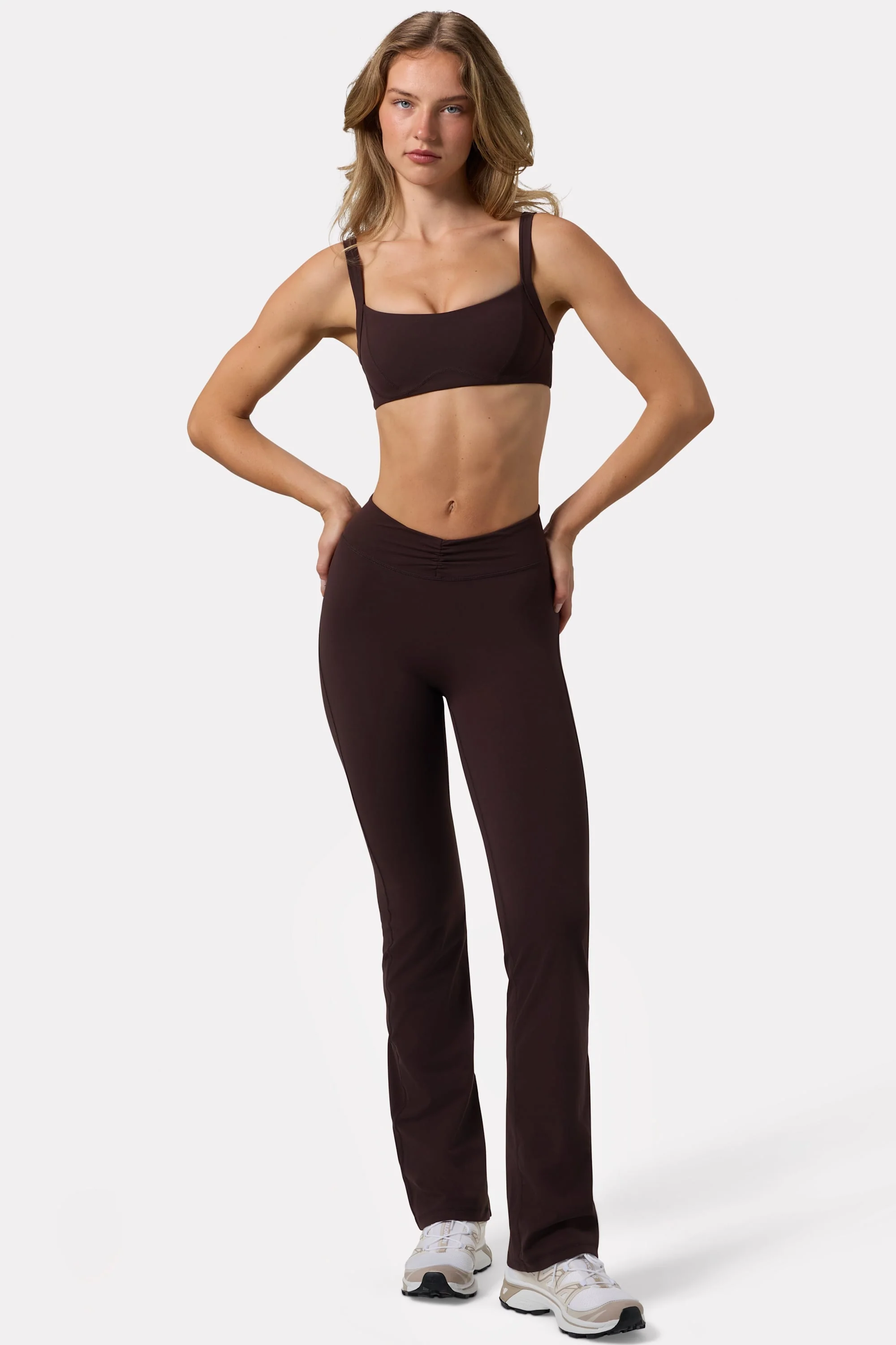 Dependable Soft Active Ruched Flared Trousers in Espresso Consistent