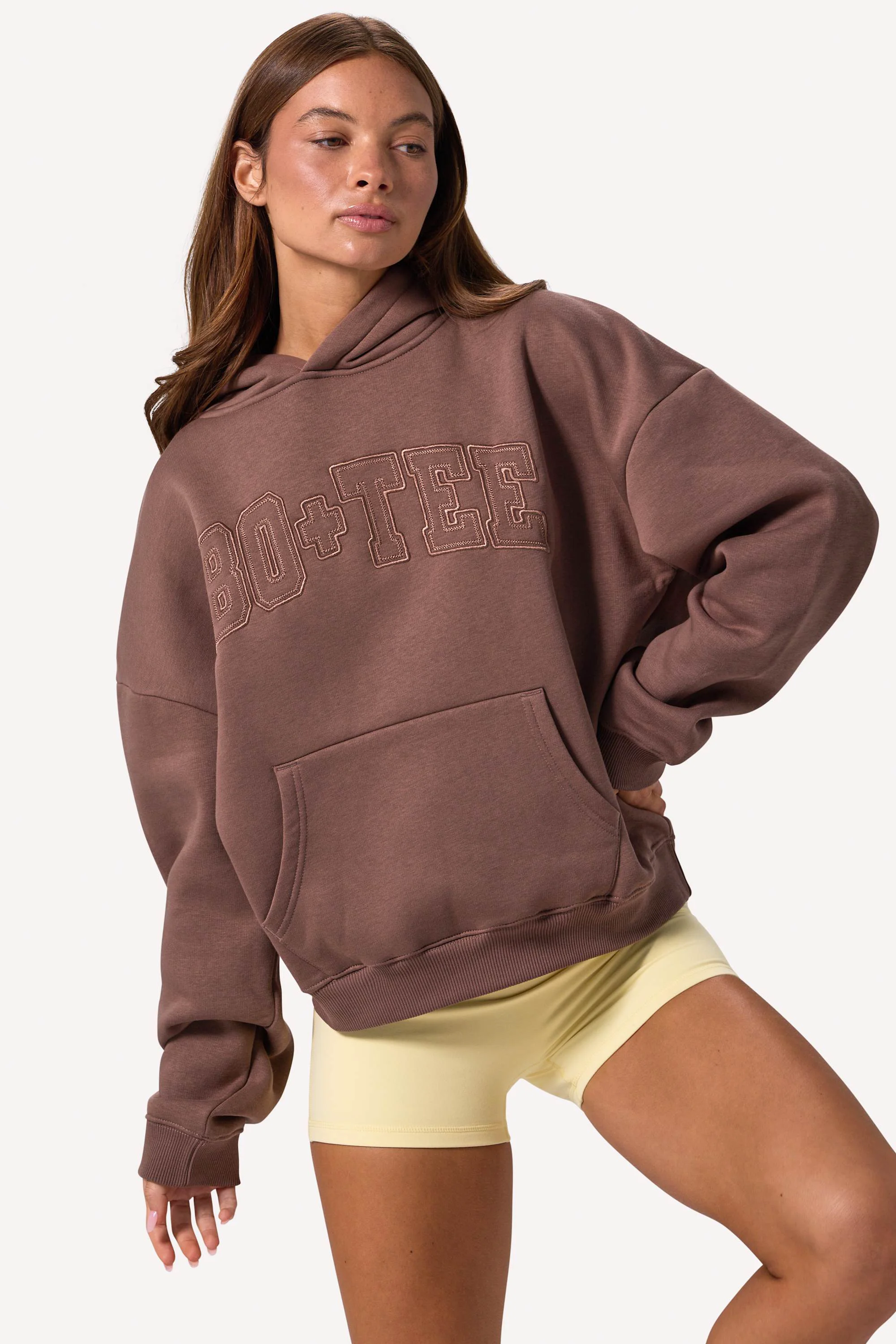 Fine Crafted Embroidered Oversized Hoodie in Cocoa Safe