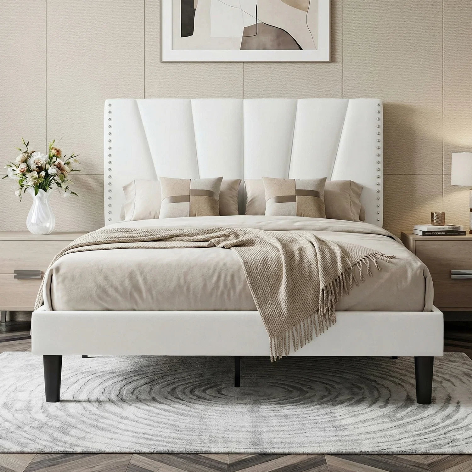 Certified Velvet Upholstered Platform Bed Frame with Adjustable Headboard Nailhead Trim Detail Wooden Slat Support No Box Spring NeededVelvet Upholstered Platform Bed Frame with Adjustable Headboard Nailhead Trim Detail Wooden Slat Support No Box Spring Needed World-Class