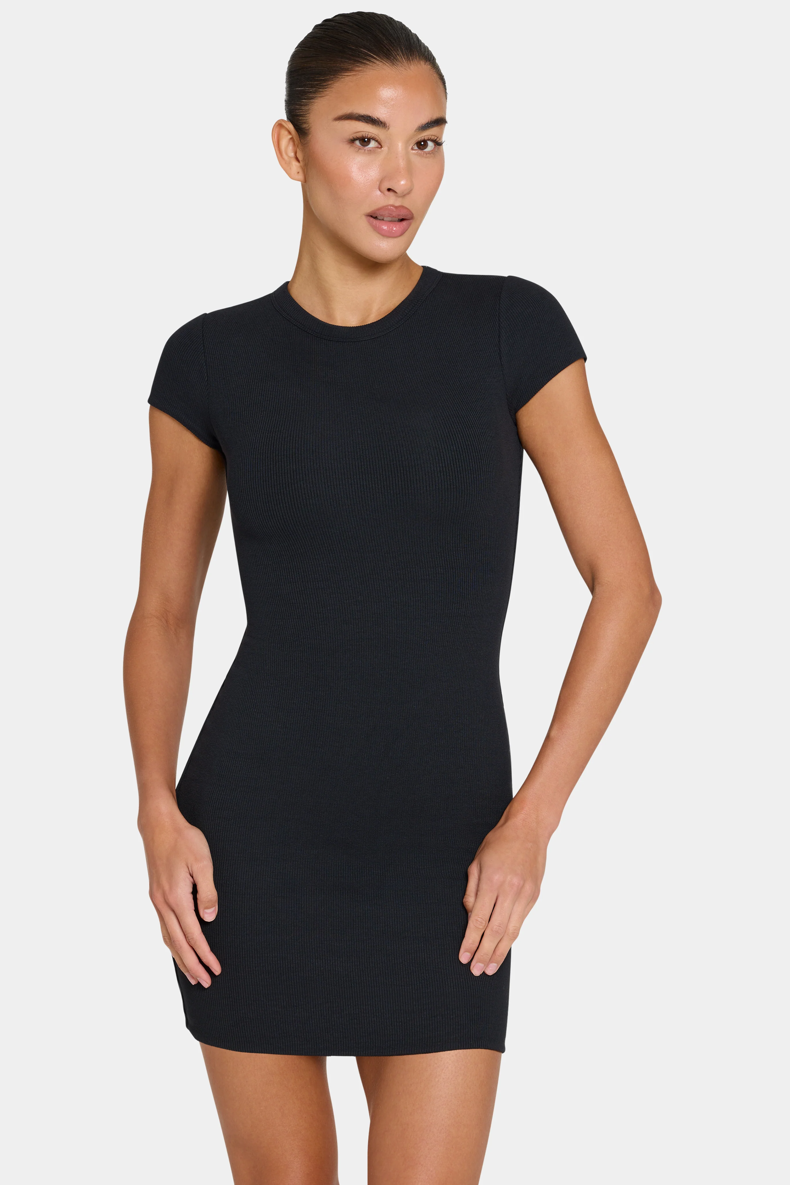 Enhanced ButterCloud™ Cap Sleeve Mini Dress in Black Flexible