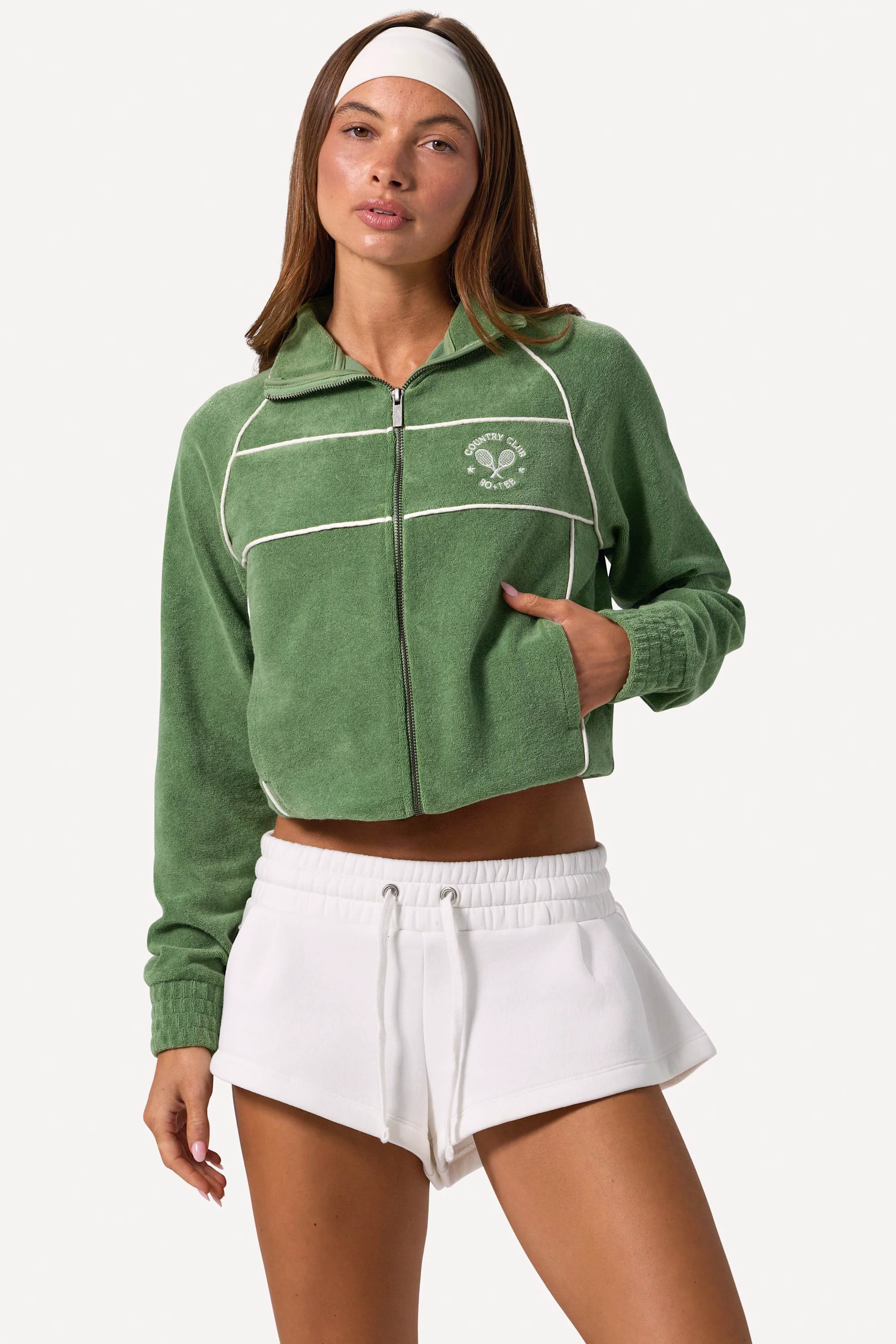 Minimalist Terry Towelling Zip-Up Cropped Sweatshirt in Jade Genuine