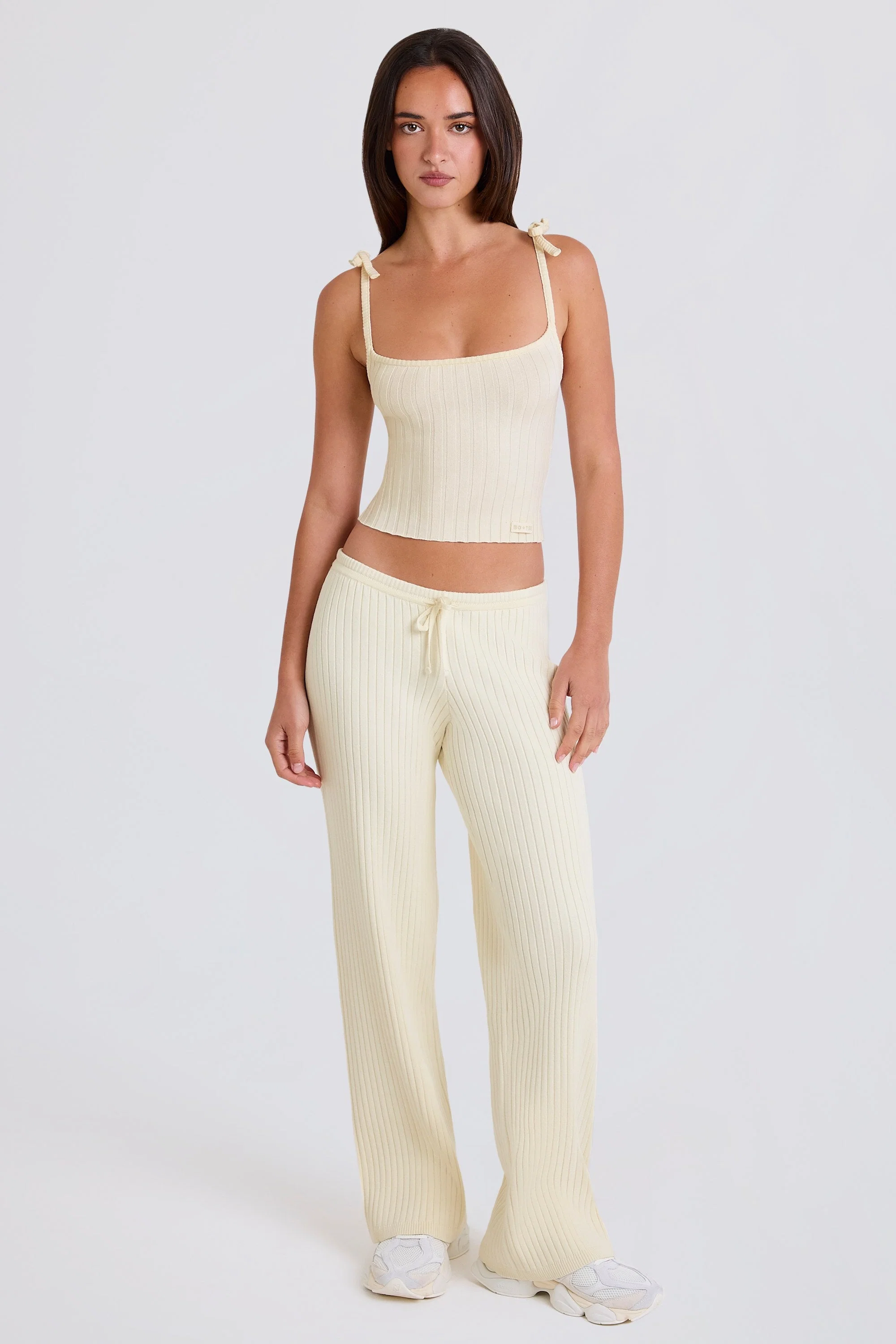Functional Ribbed Knit Wide-Leg Joggers in Cream Traditional