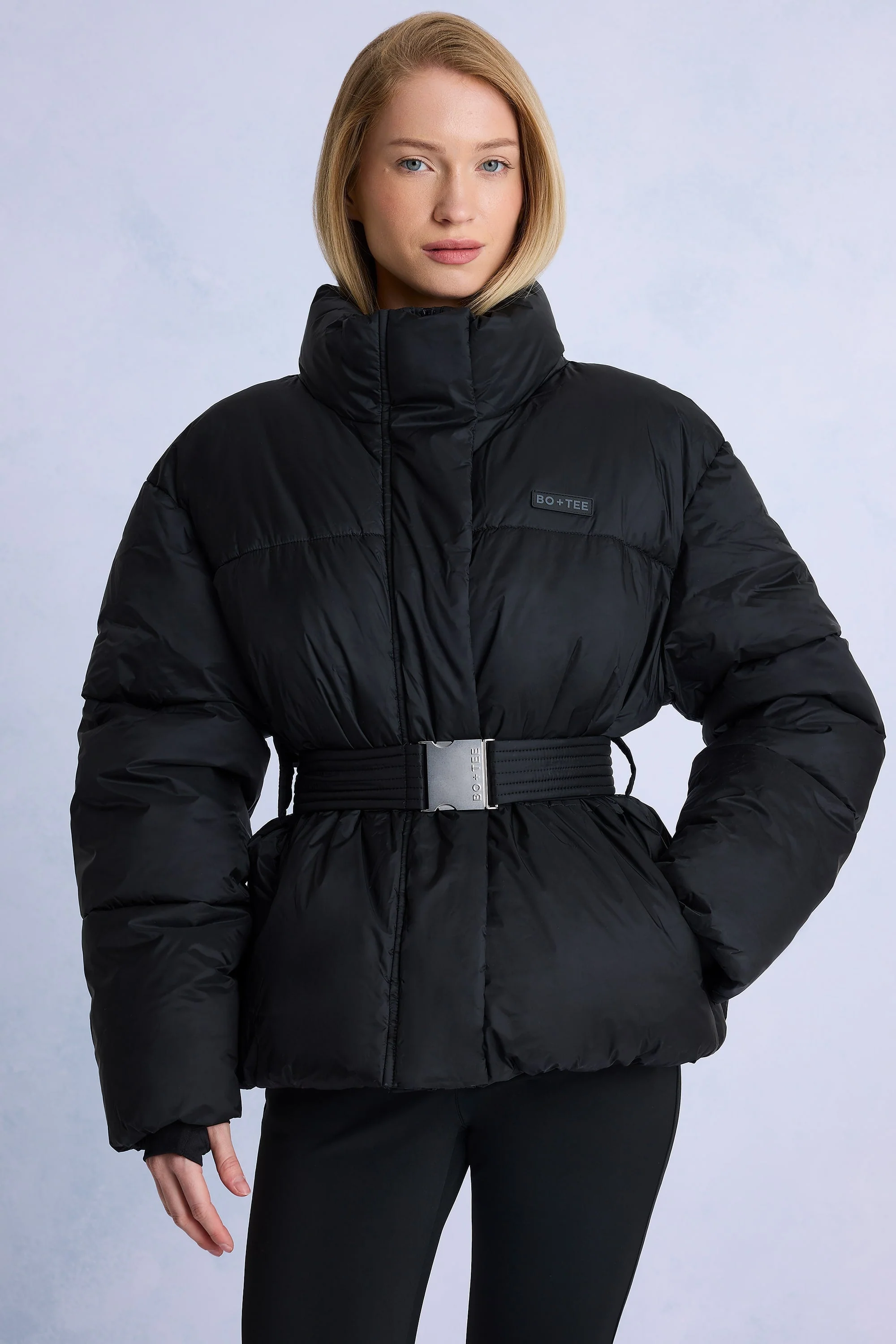 Excellent Waterproof Belted Oversized Ski Jacket in Black Powerful
