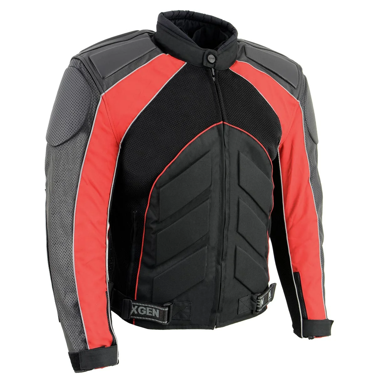 Elegant NexGen SH2153 Men’s Combo Black and Red Armored Leather and Textile with Mesh Moto Jacket High-Performance