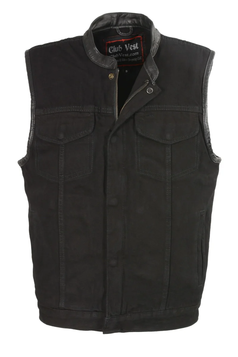 Modern Club Vest CV3003LT Men’s Black Motorcycle Denim Vest with Concealed Snaps and Hidden Zipper Pure