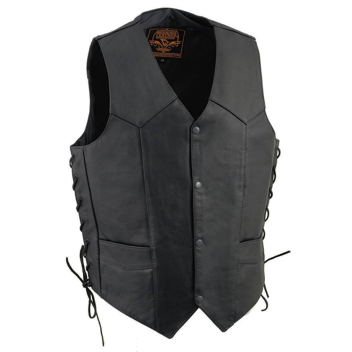 Versatile Milwaukee Leather SH1315 Men’s Black Leather Classic V-Neck Side Lace Motorcycle Rider Vest w Front Snap Closure Fine