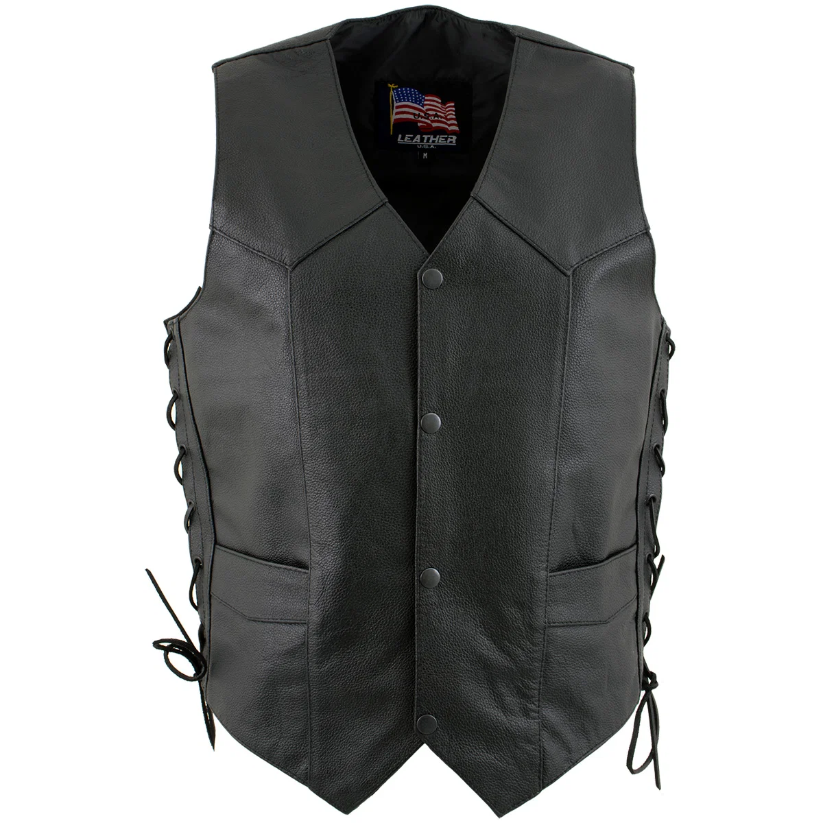 Quality USA Leather 1202 Men’s Classic Side Laced Black Leather 4 Button Western Style Motorcycle Vest Elegant