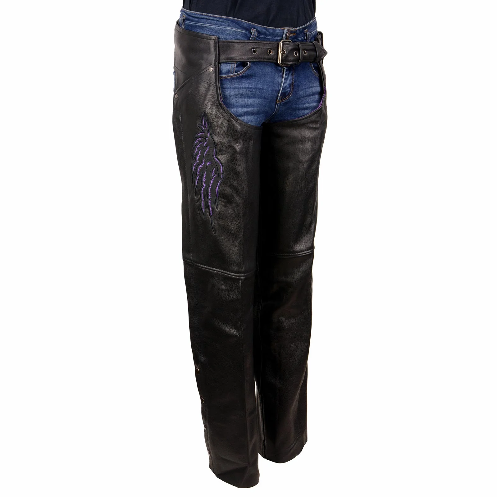 Detailed Milwaukee Leather ML1180 Women’s Black Leather Chaps with Reflective Wing Detail Contemporary