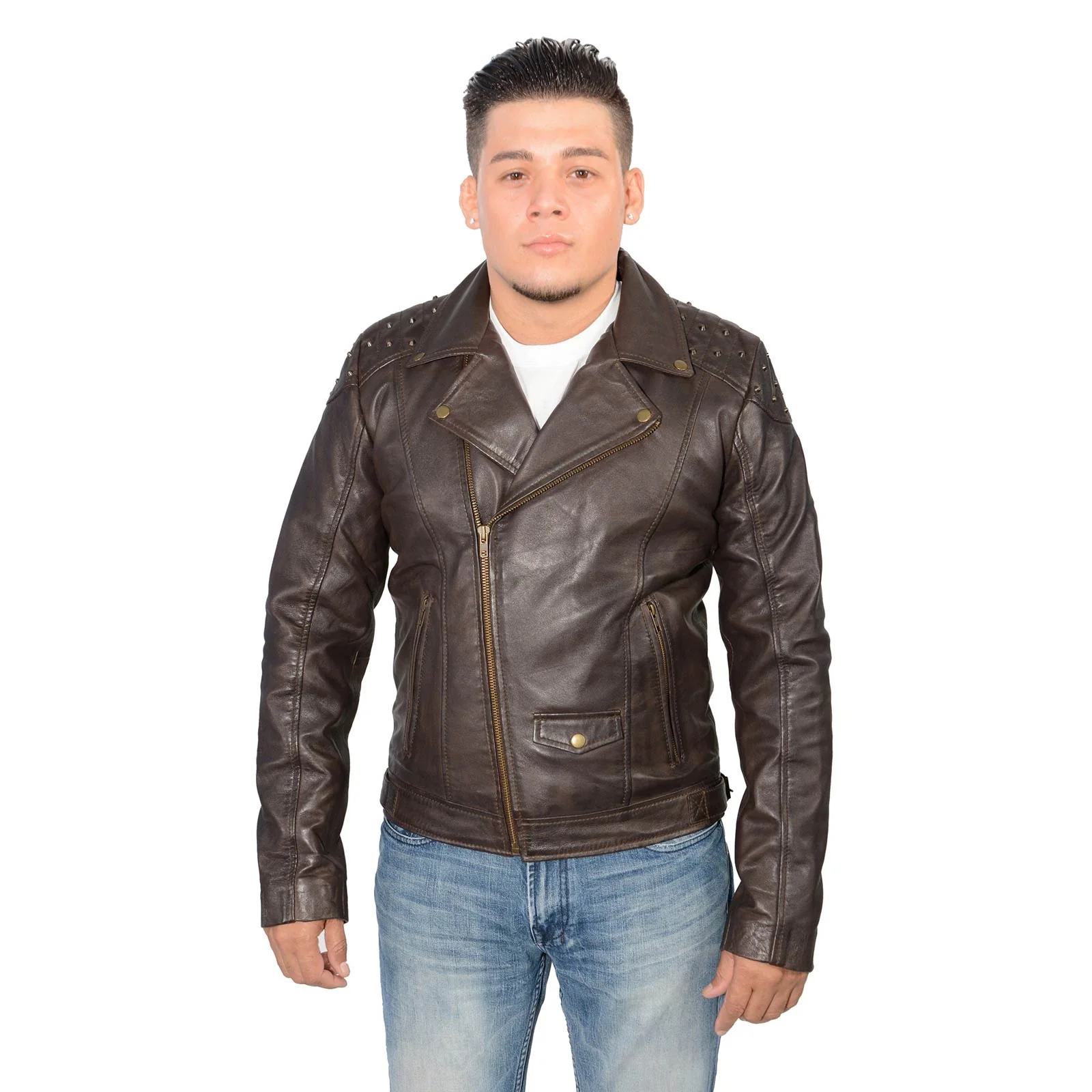 Effective Milwaukee Leather SFM1825 Men’s ‘Studded’ Brown Leather Motorcycle Style Jacket Natural