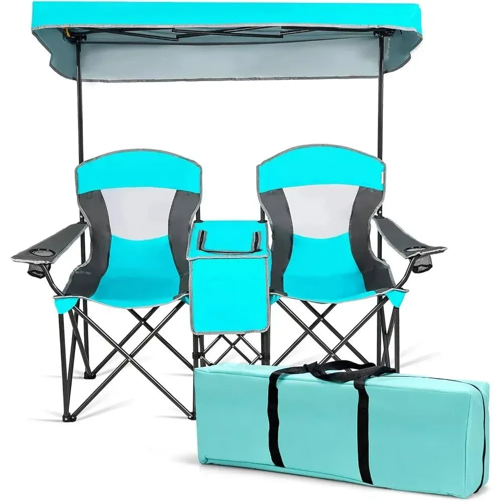 Modern Folding Camping Chairs with Mini Table and Beverage Cup Holder – Turquoise Fishing Beach Chair with Carrying Bag Adjustable CanopyRemovable CanopyFoldable and Portable DesignPractical Iced BagHandy Cup HolderConvenient Storage Pocket Effective
