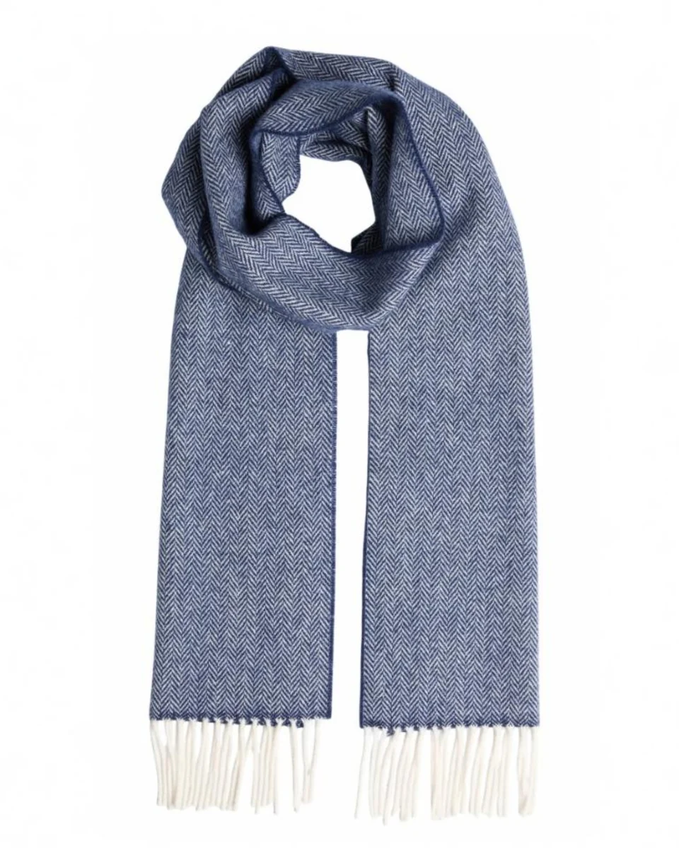 Fashionable Foxford Navy Herringbone Lambswool Scarf Sustainable