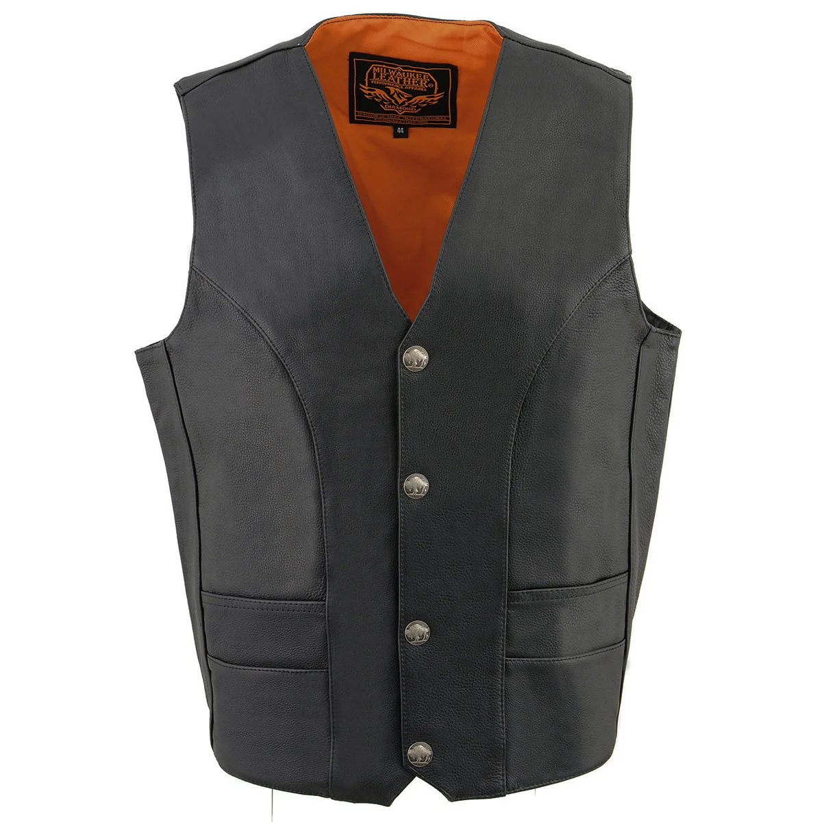 High-End Milwaukee Leather ML1368 Men’s Black Premium Leather V-Neck Motorcycle Rider Vest w Buffalo Nickel Snaps Closure Natural