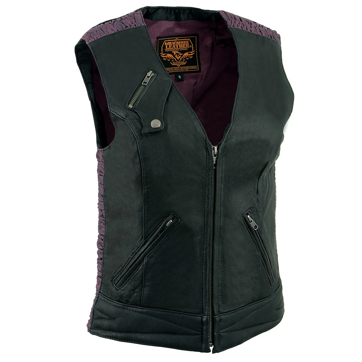 Elite Milwaukee Leather MLL4571 Women’s Black and Purple Lightweight Motorcycle Leather Vest w Crinkled Leather Design Relaxed