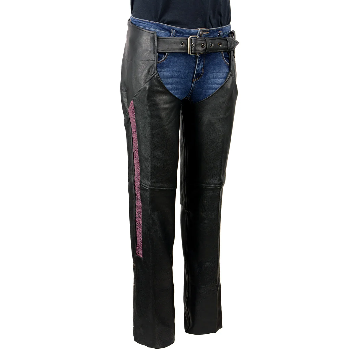 Natural Milwaukee Leather Women’s Black Premium Leather Motorcycle Rider Chaps w Purple Crinkled Stripes-Reflective Trim MLL6500 Certified
