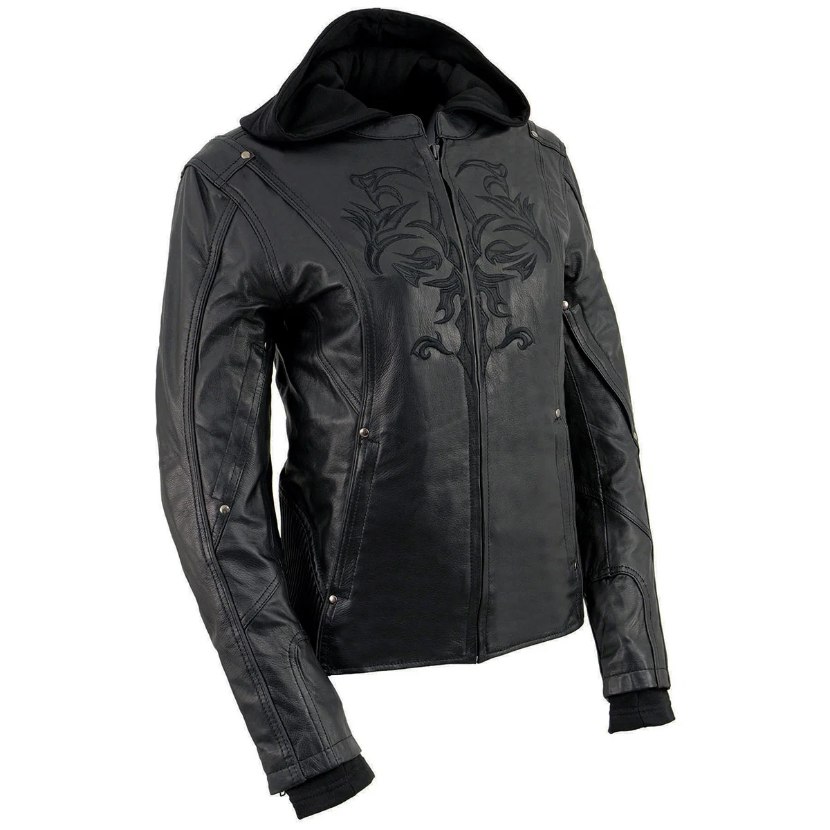 Luxury Milwaukee Leather ML2066 Women’s 3 4 Black Leather Hoodie Jacket with Reflective Tribal Design Trusted