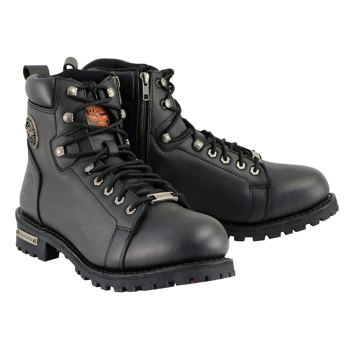 Certified Milwaukee Leather MBM100W Men’s Black Leather Wide-Width Lace-Up Motorcycle Boots with Side Zipper Responsible