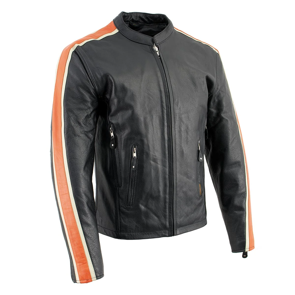 Responsible Hot Leathers XSM1007 Men’s Black Motorcycle Jacket with Orange and Cream Stripes High-Performance