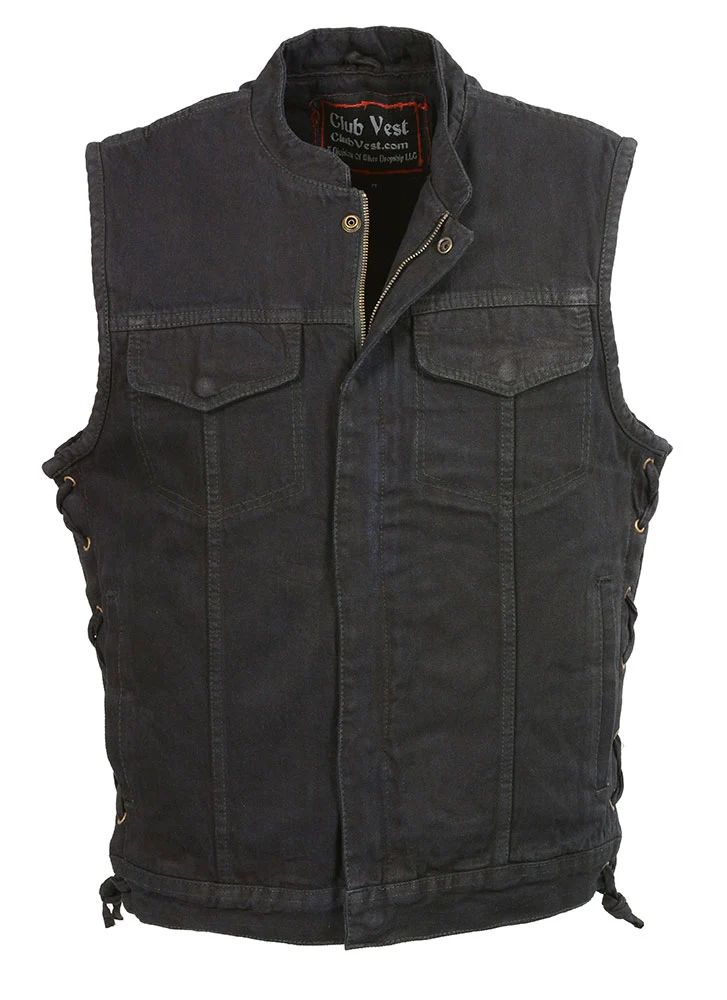 Verified Club Vest CVM3002 Men’s Classic Black Side Lace Denim Vest with Dual Front Closure High-End