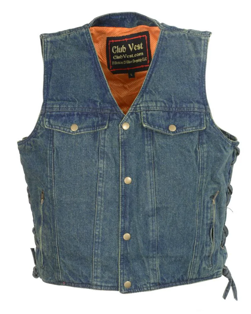 Efficient Club Vest CVM1360 Men’s Classic Side Lace Blue Denim Vest with Snap Buttons Casual