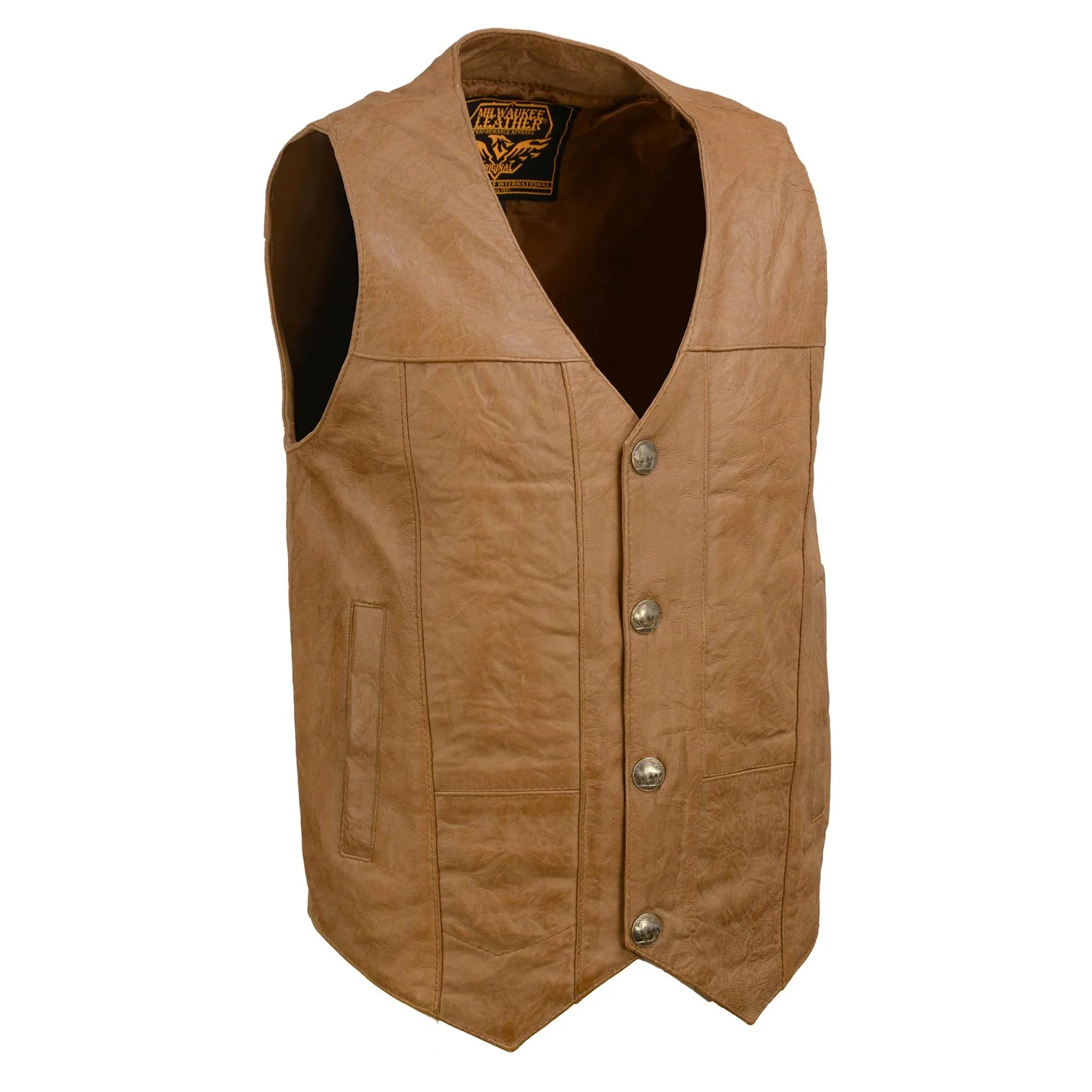 Sophisticated Milwaukee Leather LKM3702 Men’s Saddle Leather Classic V-Neck Western Style Motorcycle Rider Vest w Buffalo Snaps Verified