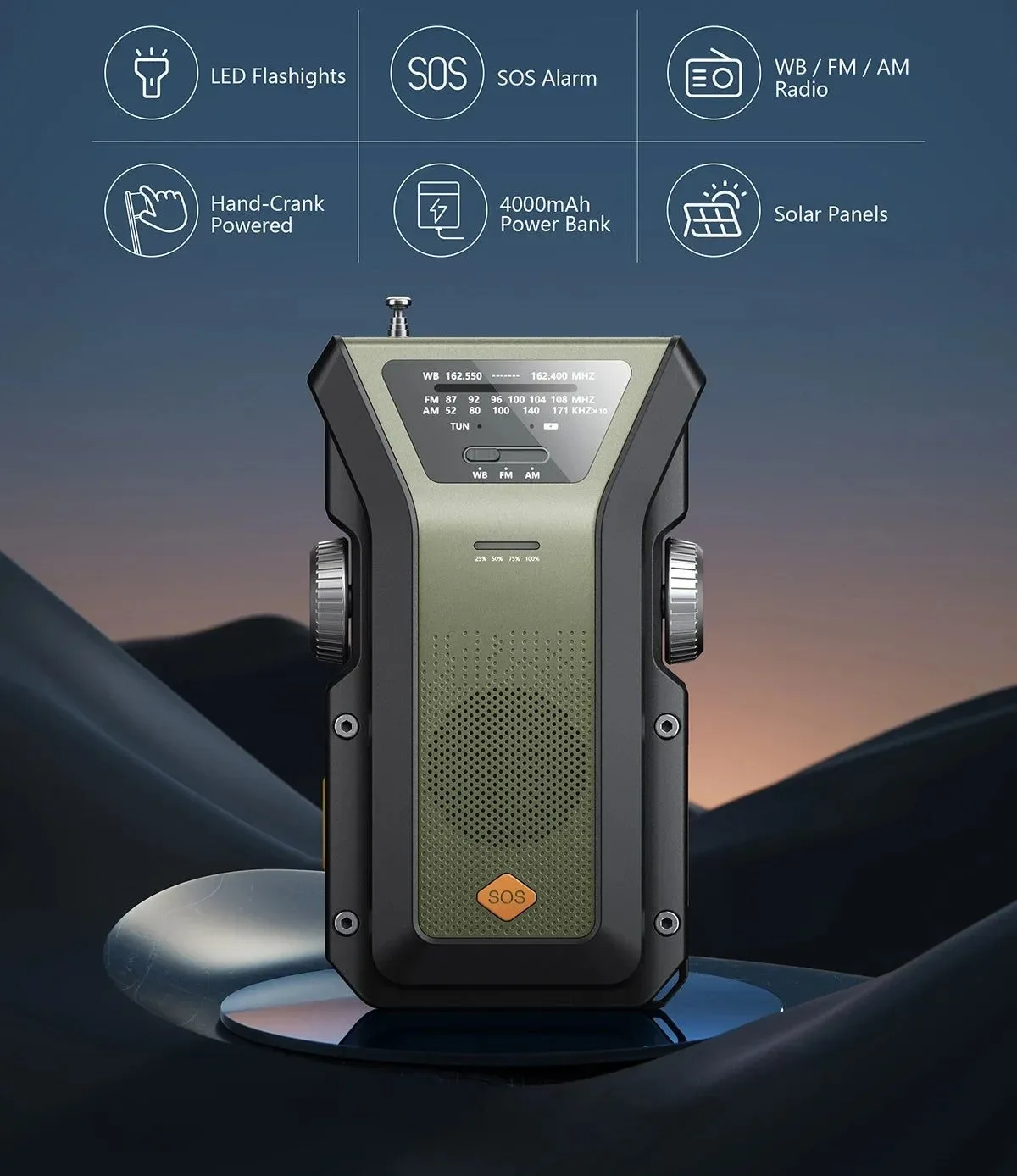 Environmentally Friendly All-in-One Emergency Radio Hand Crank Solar Power NOAA SOS Alarm Power Bank 4000mAh Flashlight Top-Quality