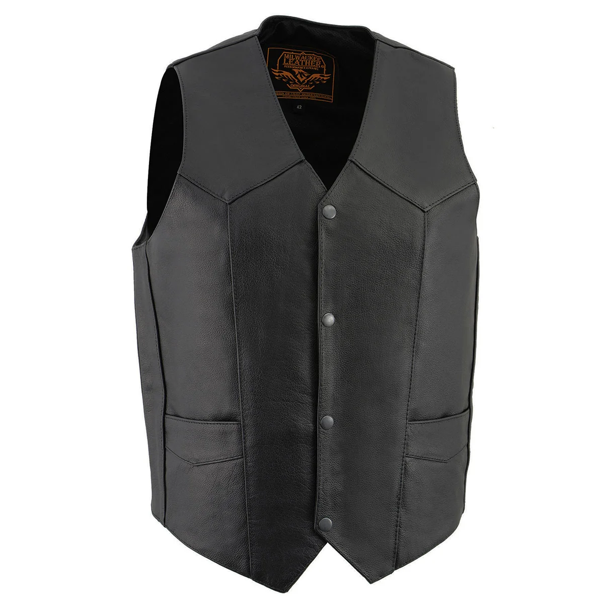 Official Milwaukee Leather LKM3730 Men’s Black Leather Western Style V-Neck Motorcycle Rider Vest with Front Snap Closure Relaxed